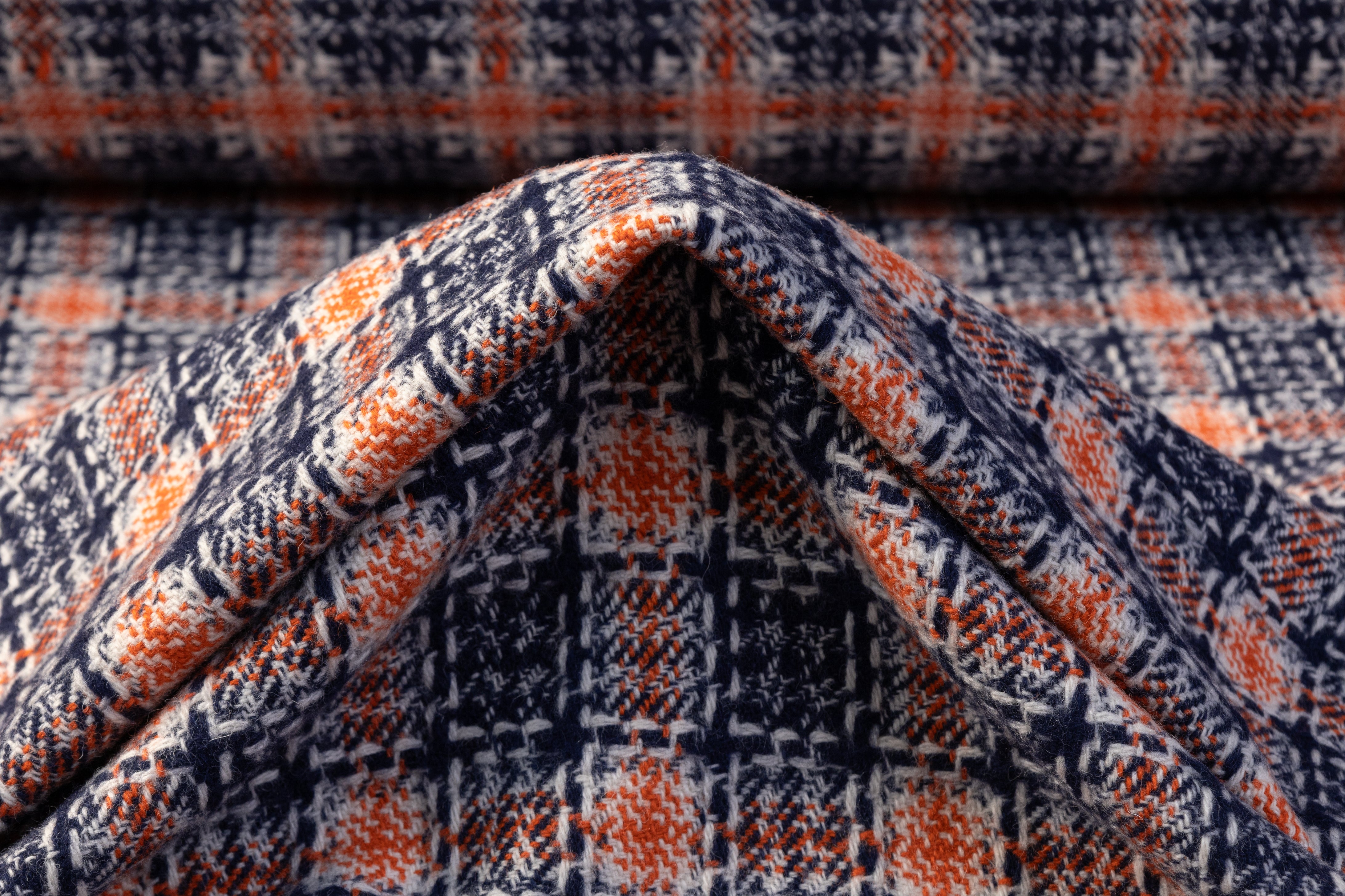 Checked Italian Wool Cotton Tweed - Blue / Orange / Off White