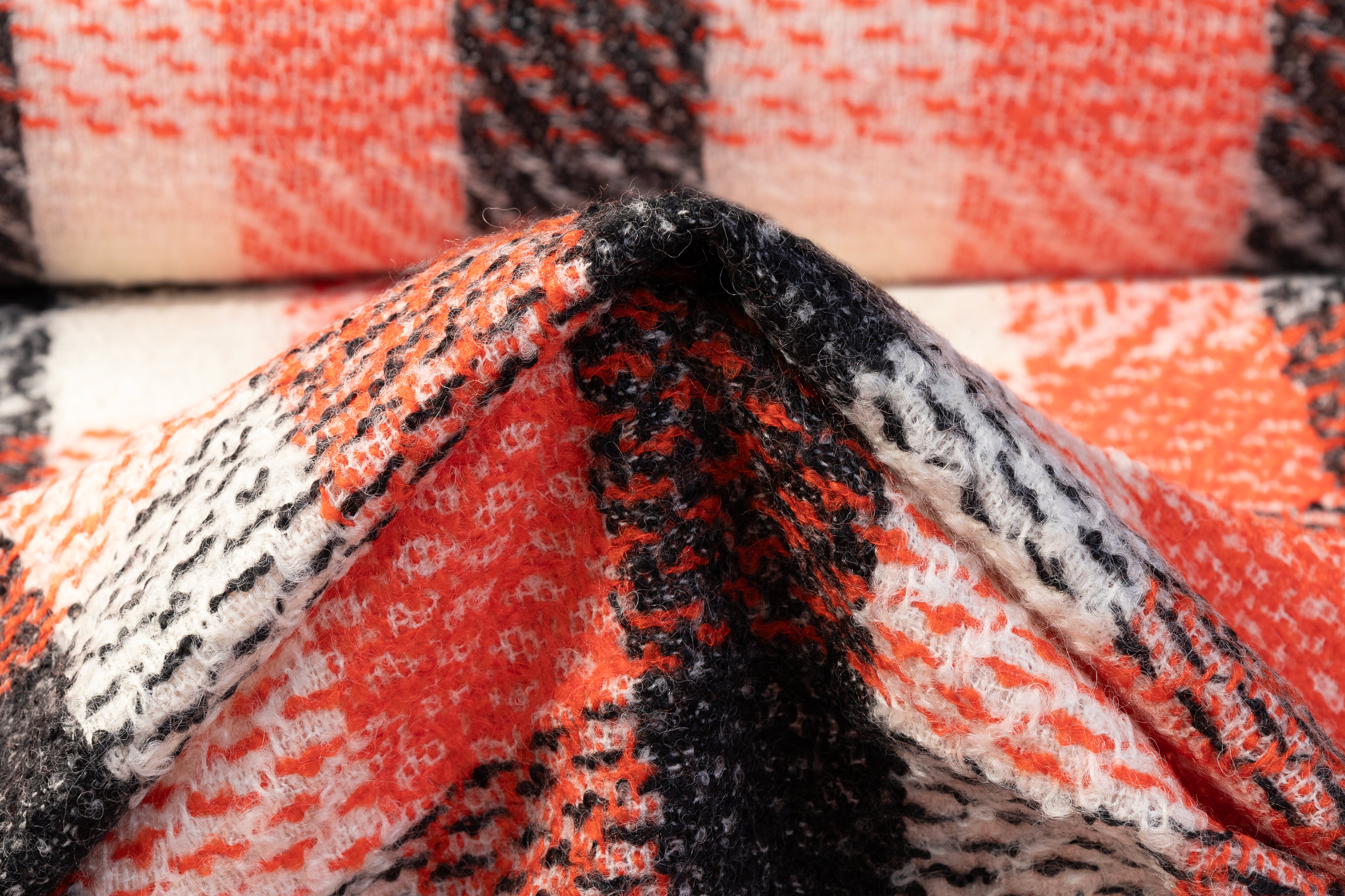Checked Italian Wool Tweed - Orange / Off White / Black