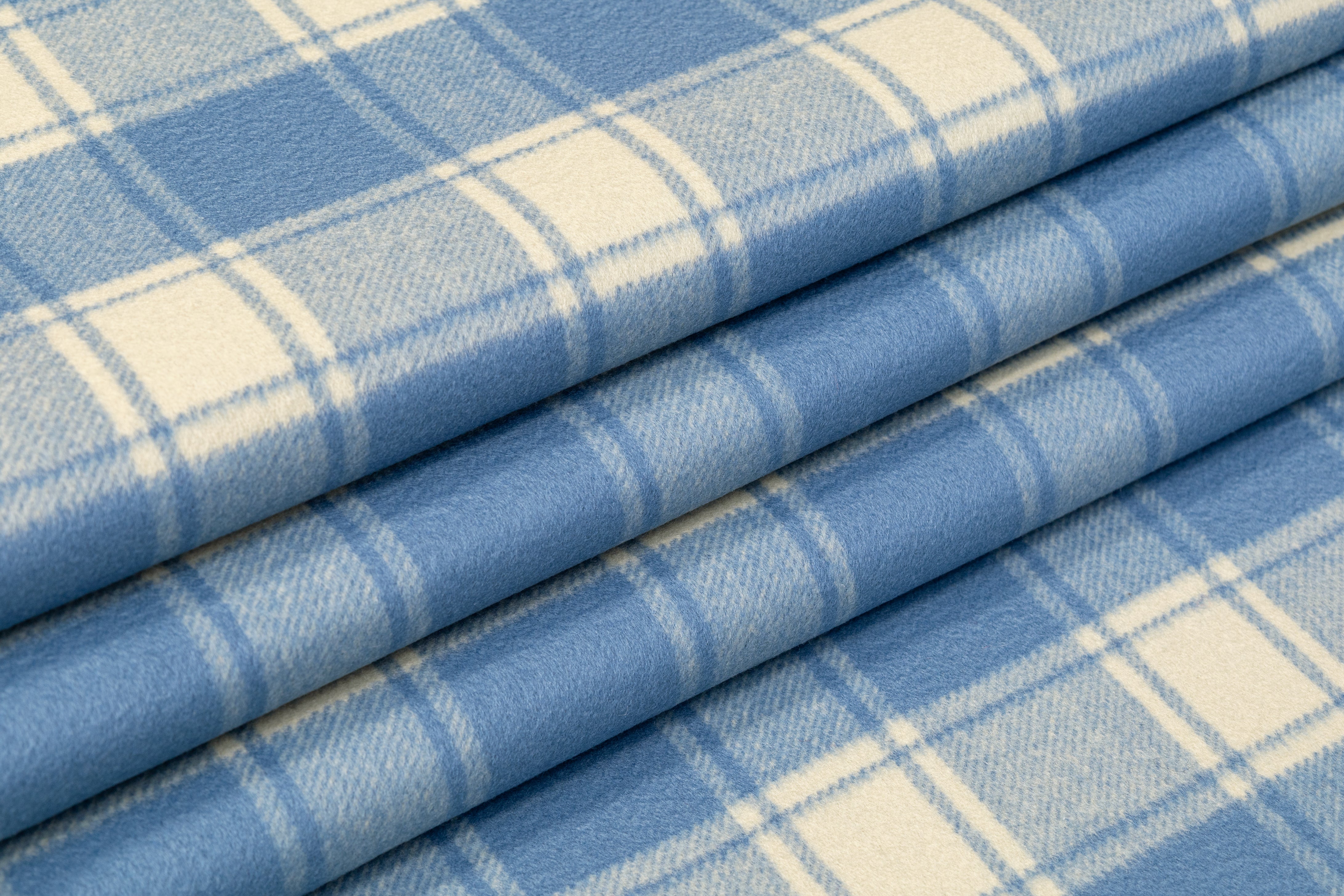 Plaid Italian Brushed Wool Coating - Blue Cream