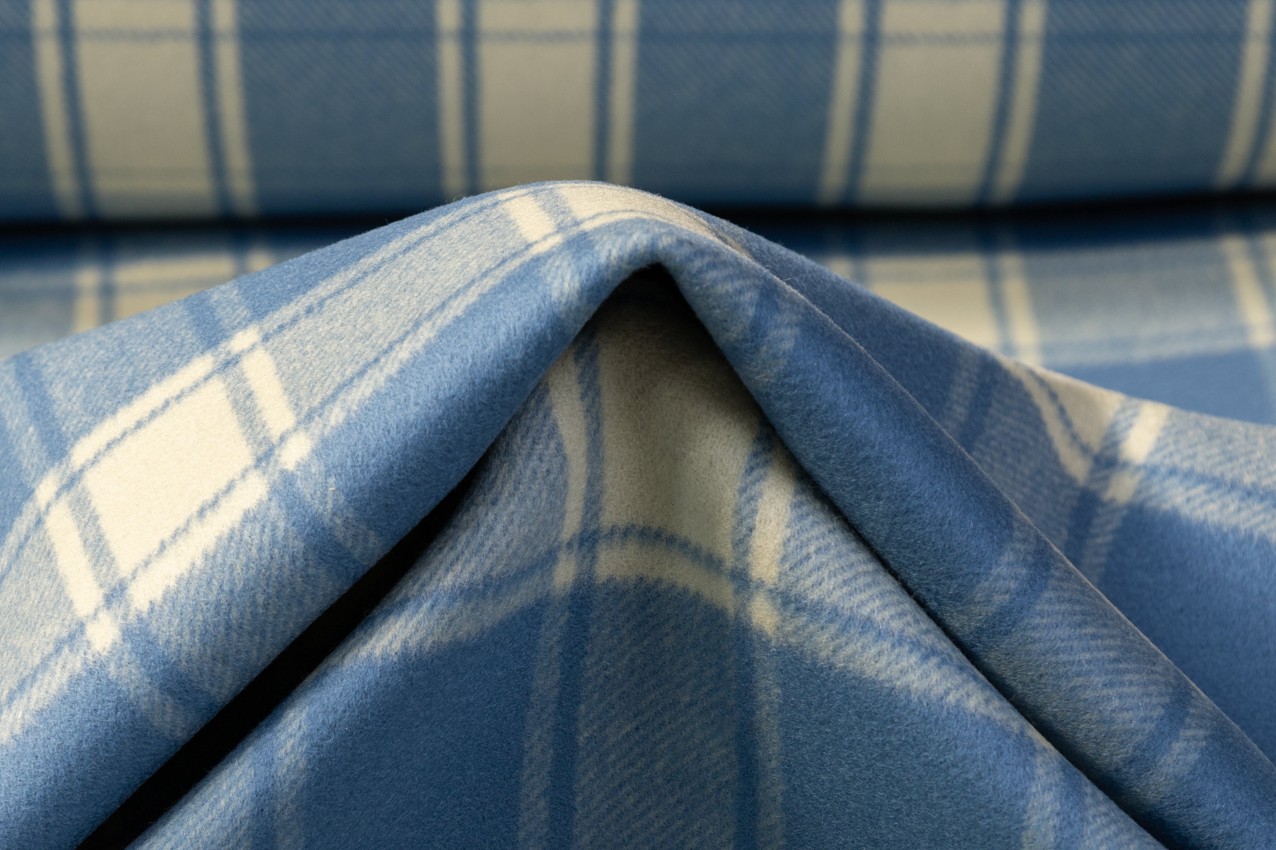 Plaid Italian Brushed Wool Coating - Blue Cream