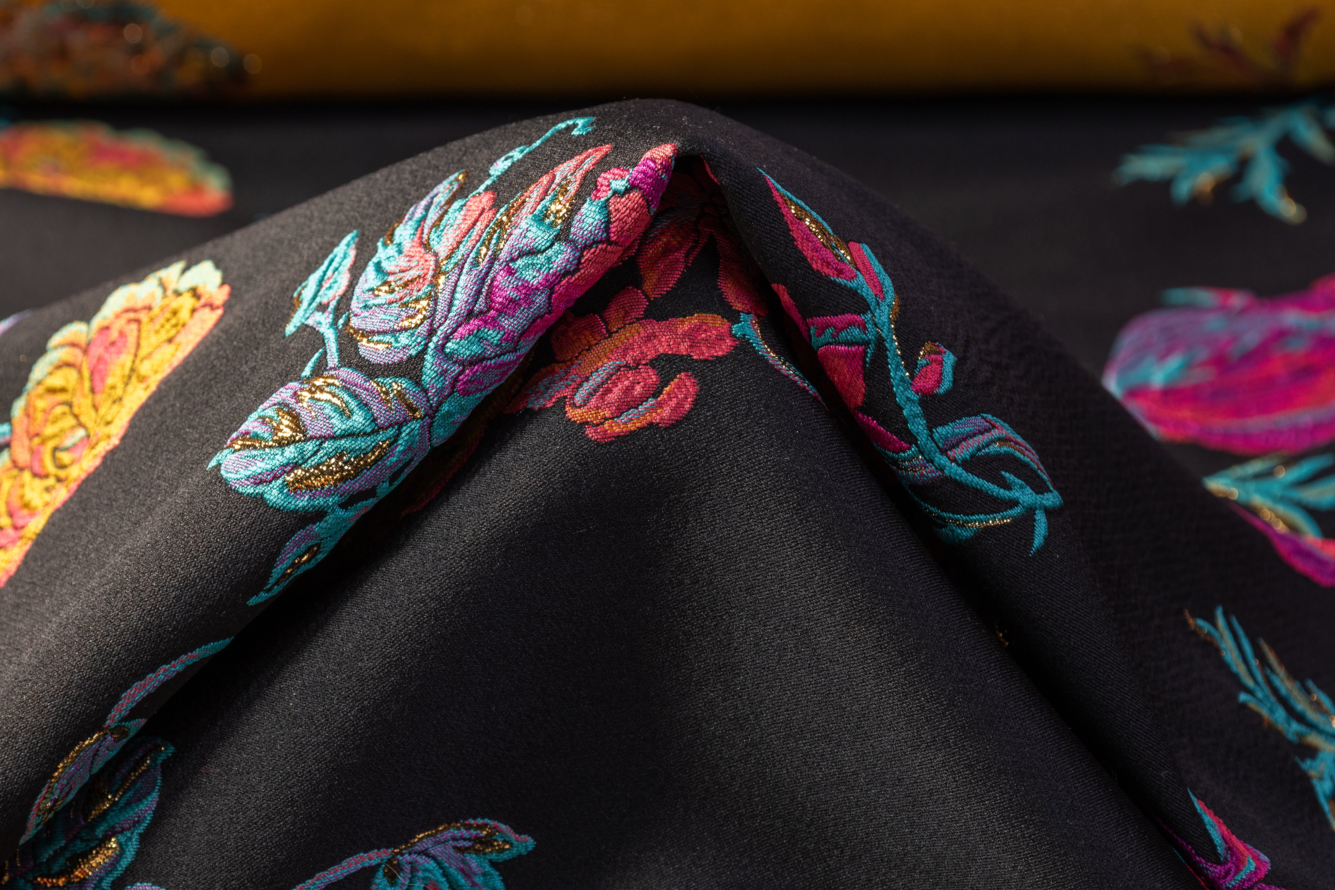 Floral Metallic Italian Silk Blend Brocade - Black / Multicolor