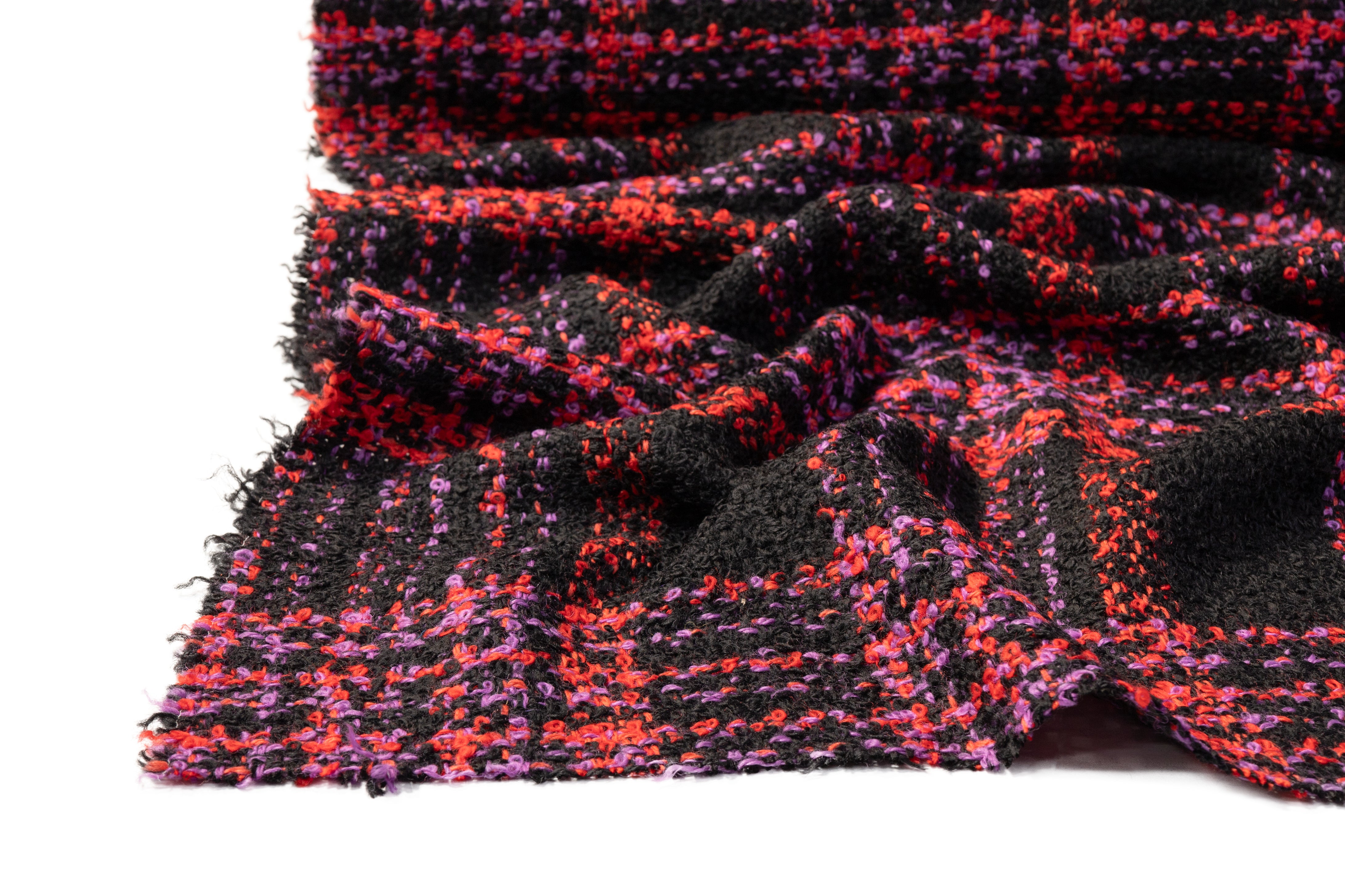 Checked Italian Wool Boucle Coating - Black / Red / Purple