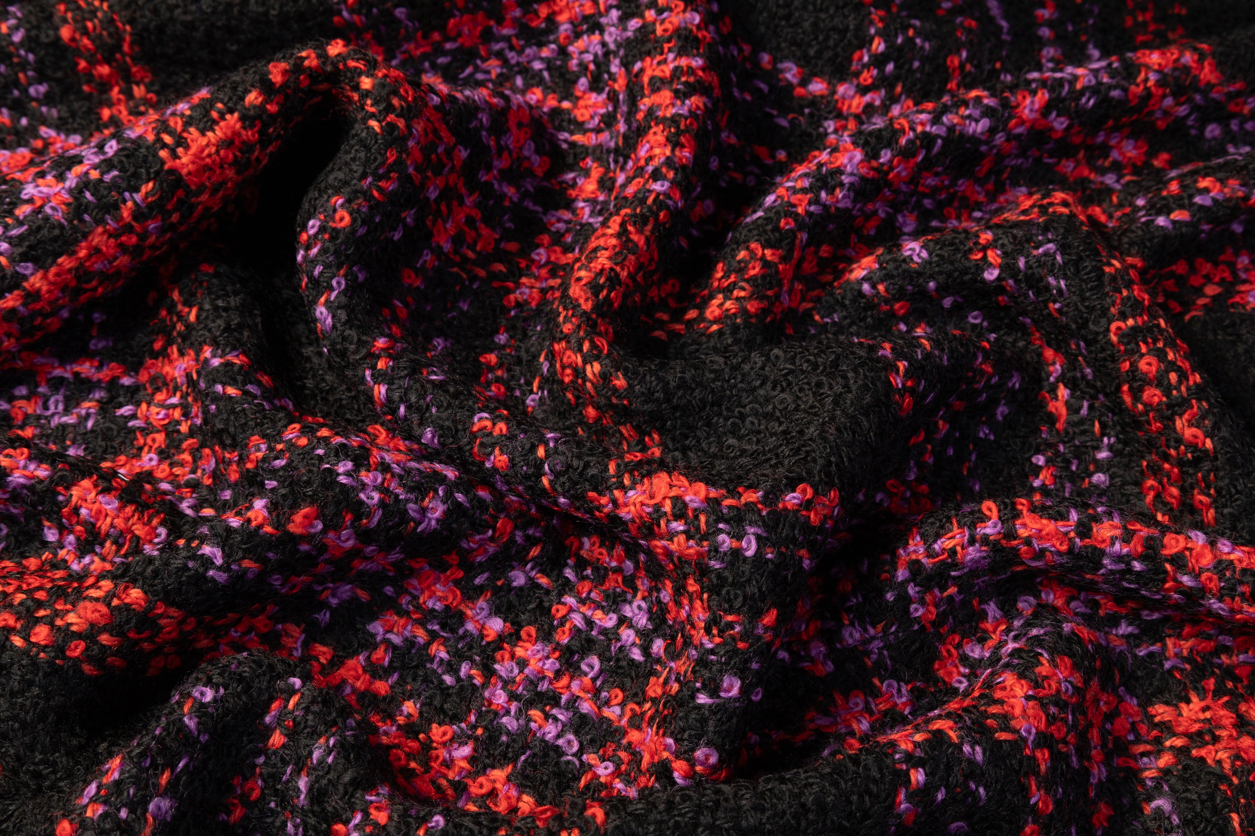 Checked Italian Wool Boucle Coating - Black / Red / Purple