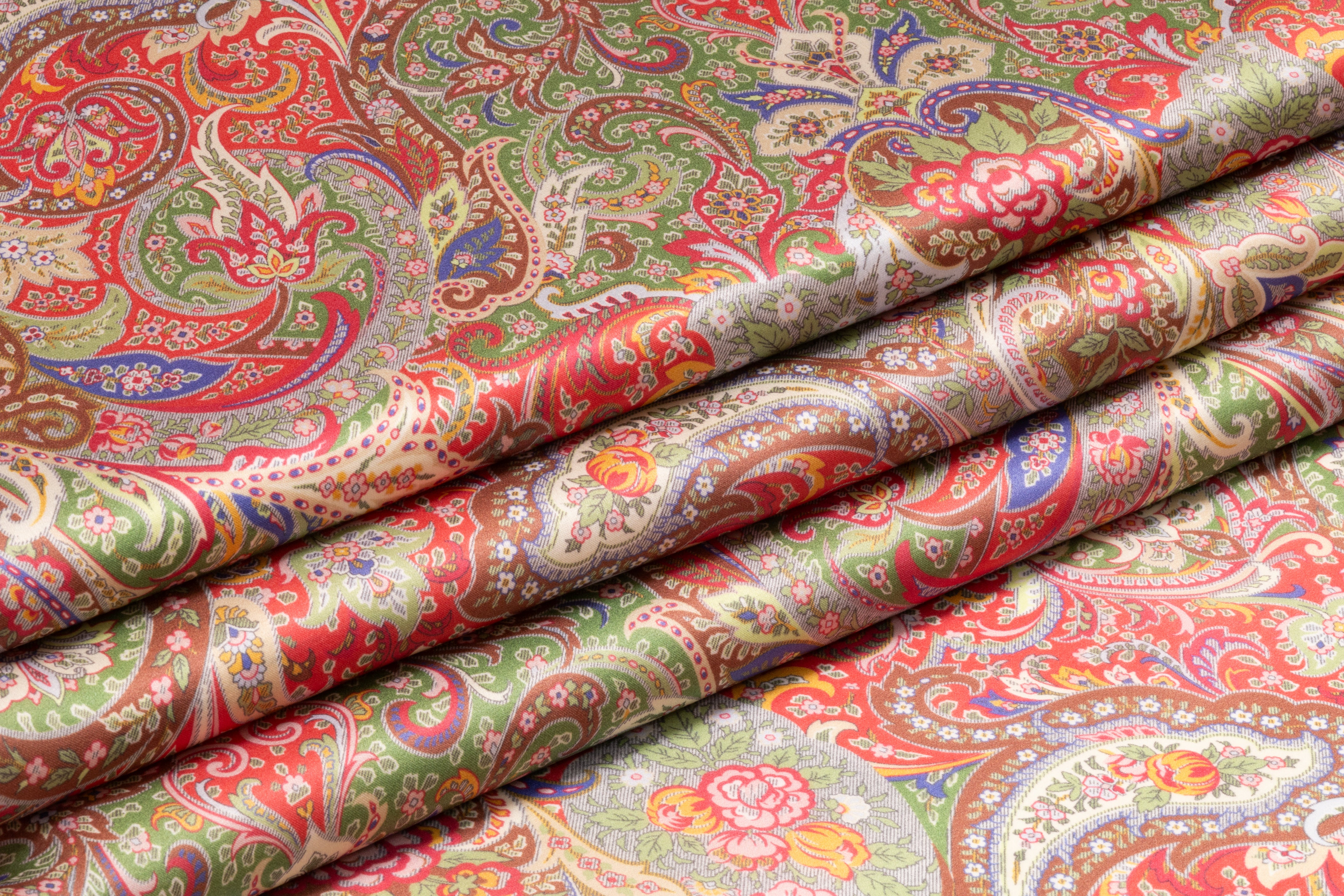 Paisley Italian Satin Organza - Raspberry / Green