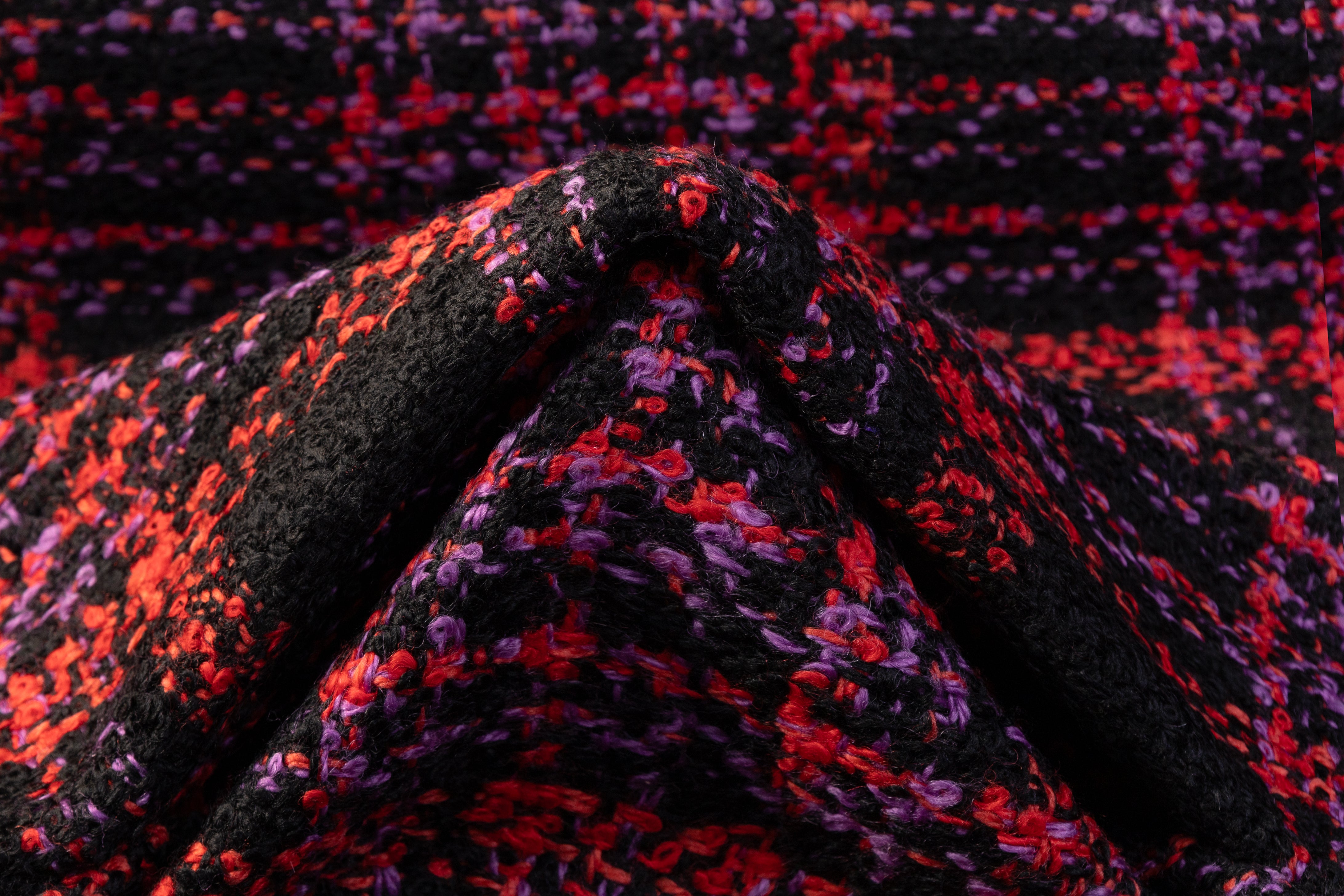 Checked Italian Wool Boucle Coating - Black / Red / Purple