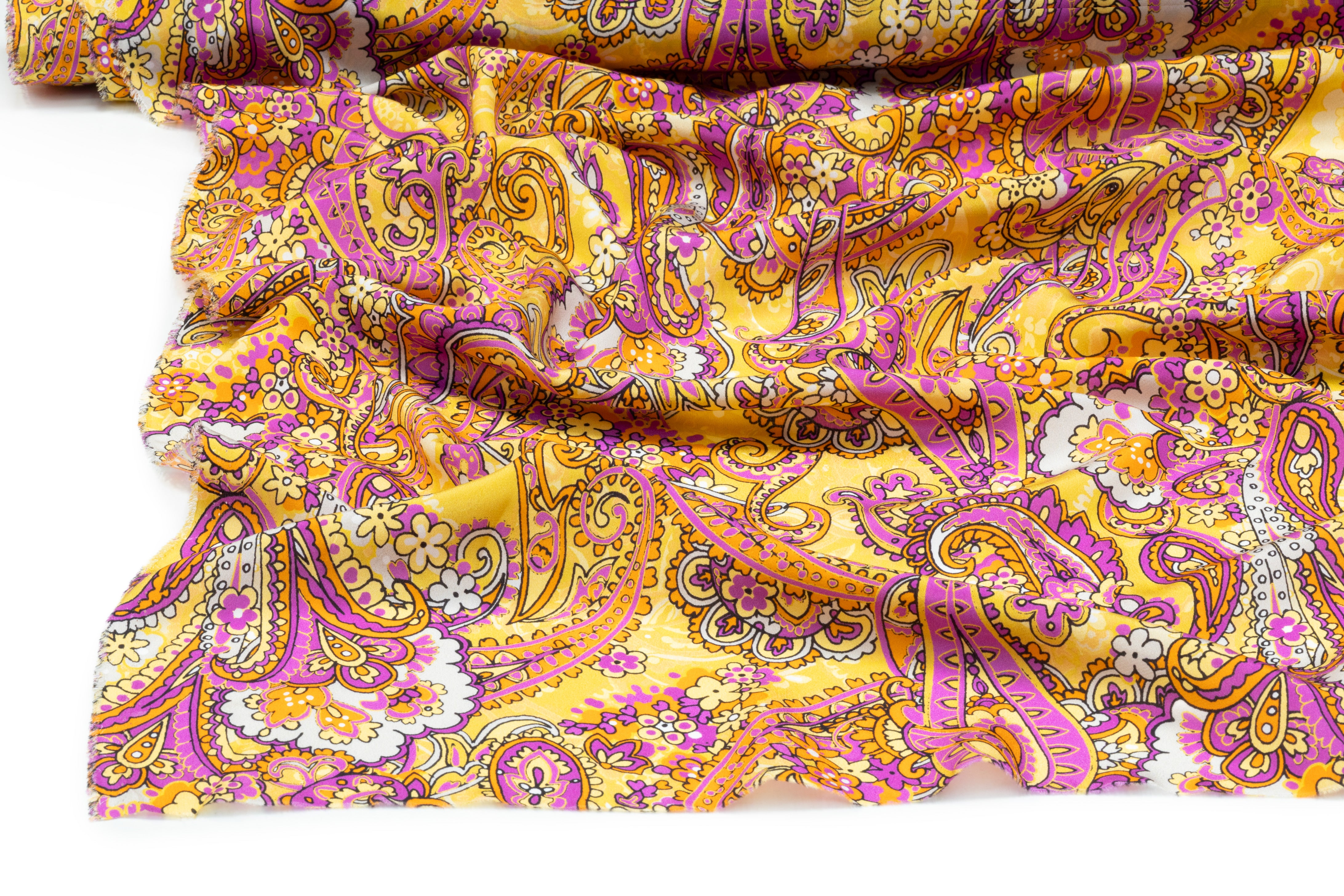 Paisley Italian Silk Crepe de Chine - Yellow / Orange / Purple