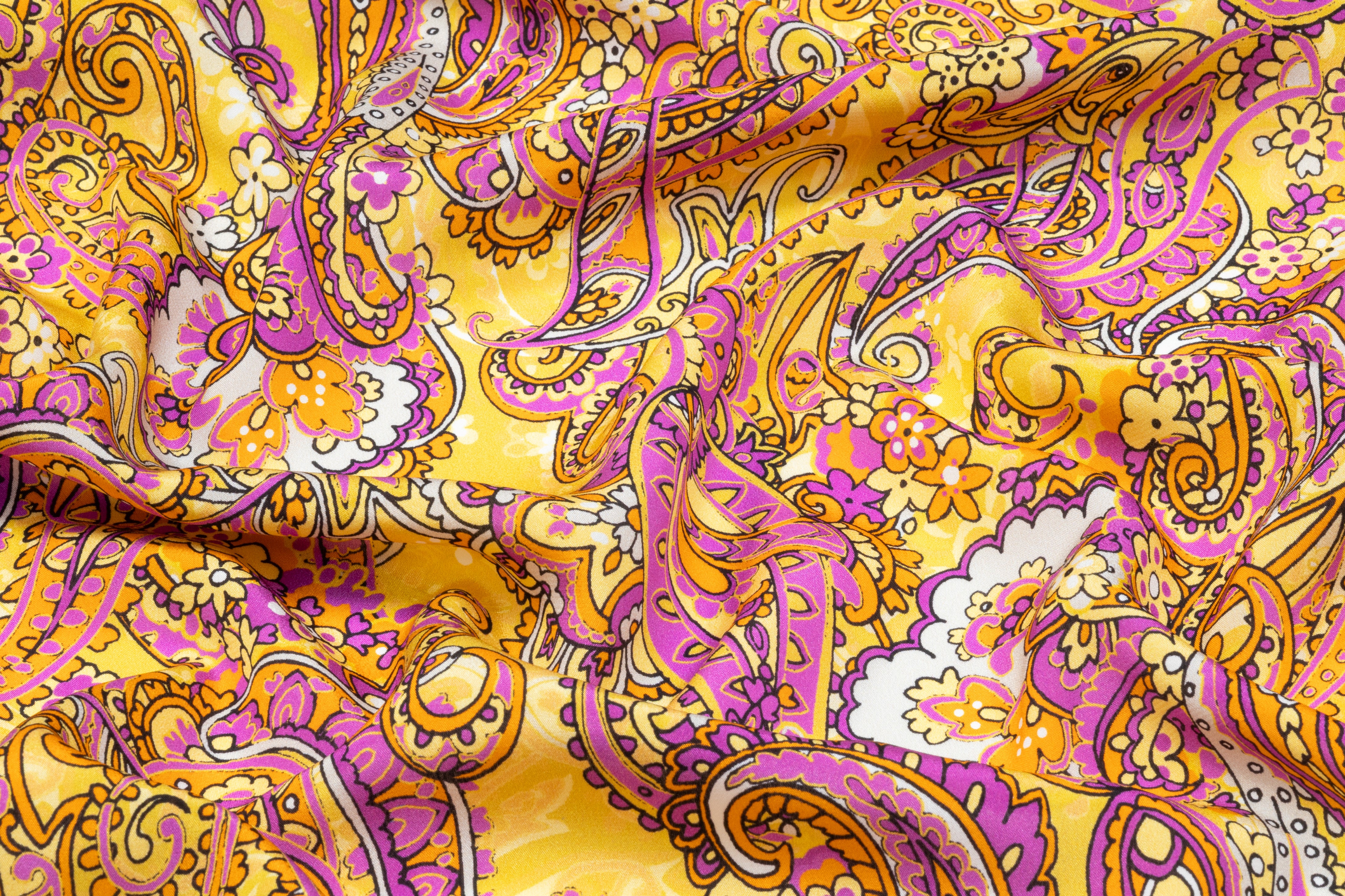 Paisley Italian Silk Crepe de Chine - Yellow / Orange / Purple