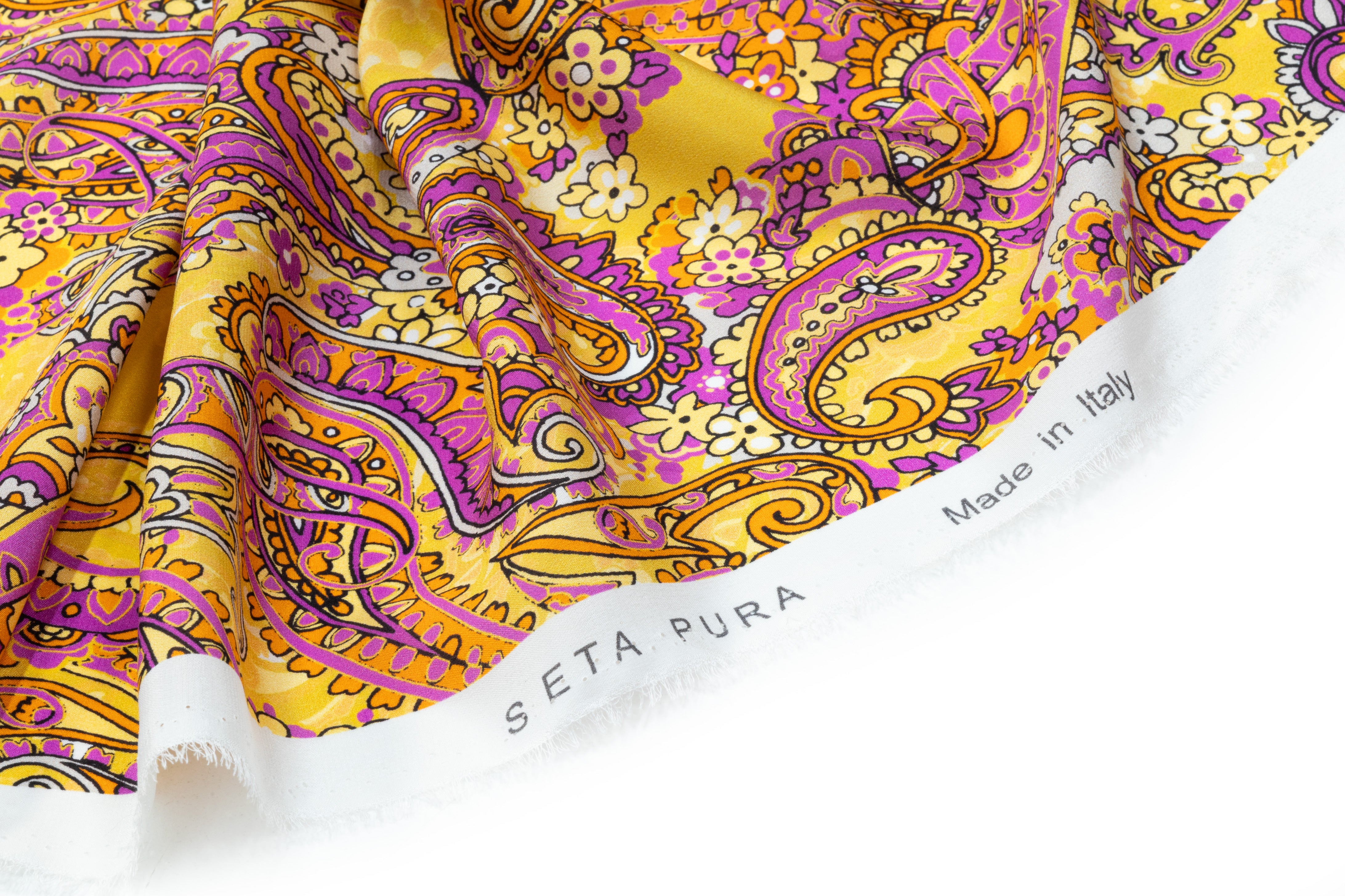 Paisley Italian Silk Crepe de Chine - Yellow / Orange / Purple