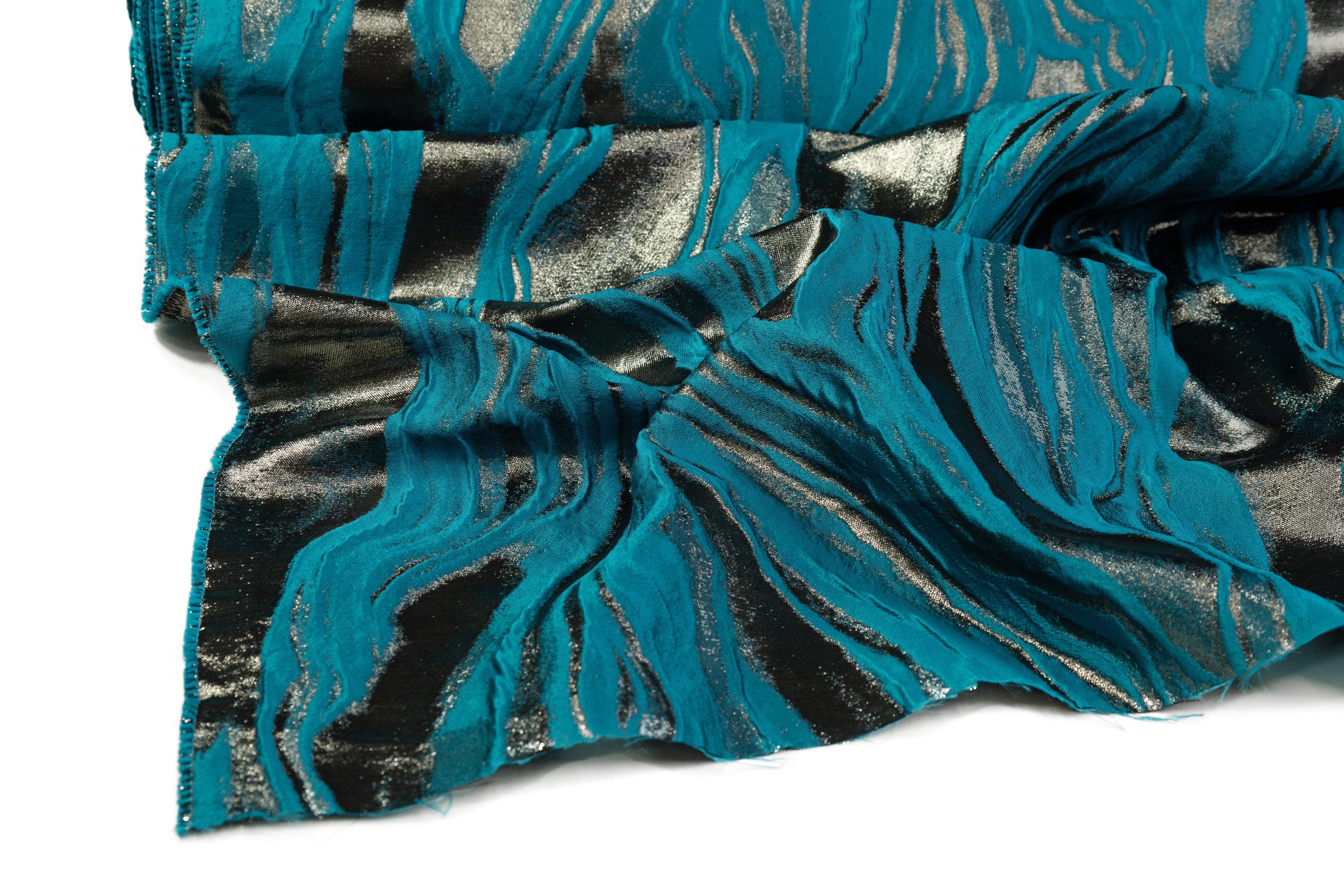 Abstract Metallic Italian Cloqué Brocade - Teal Blue