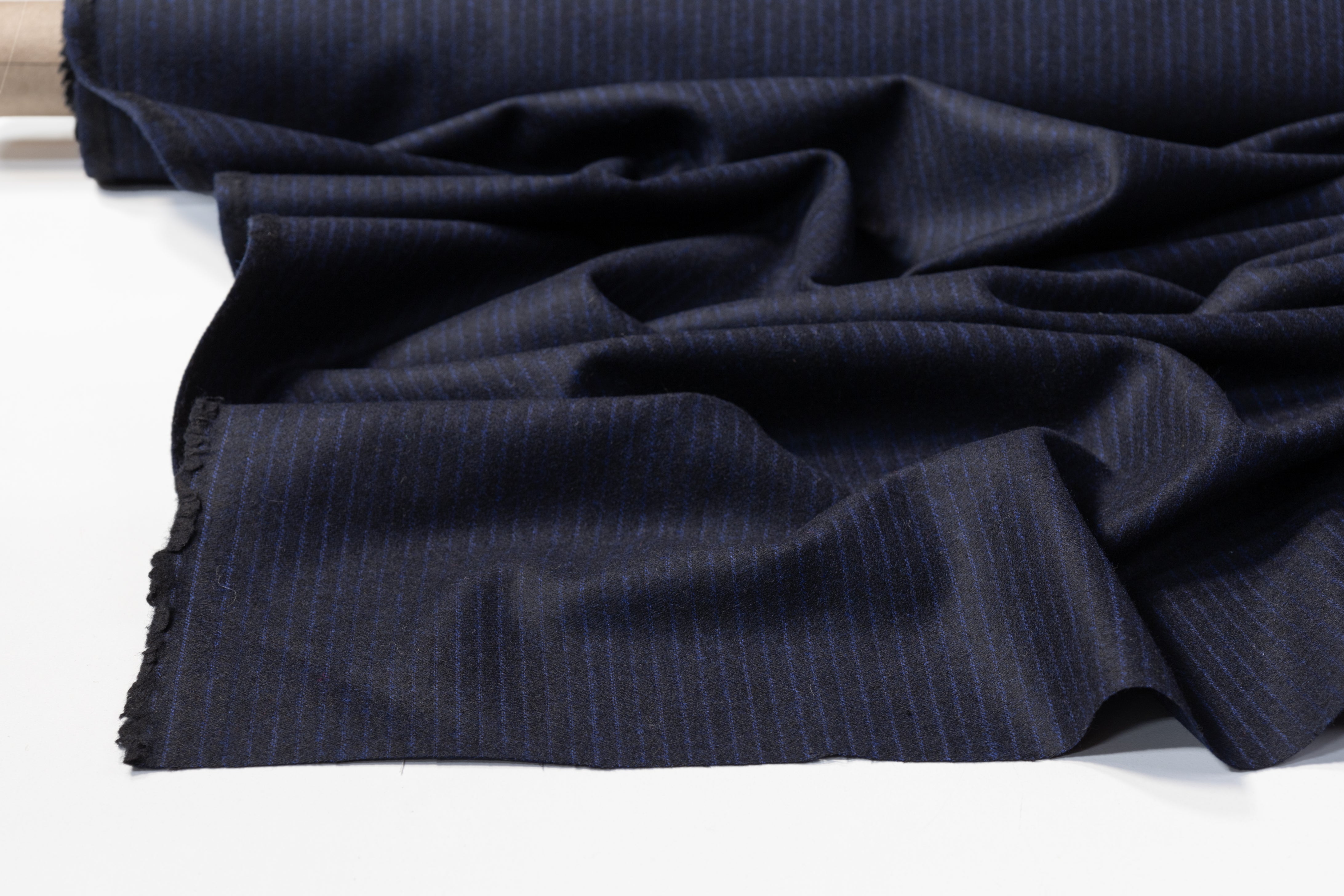 Striped Italian Wool Flannel Suiting - Navy Blue