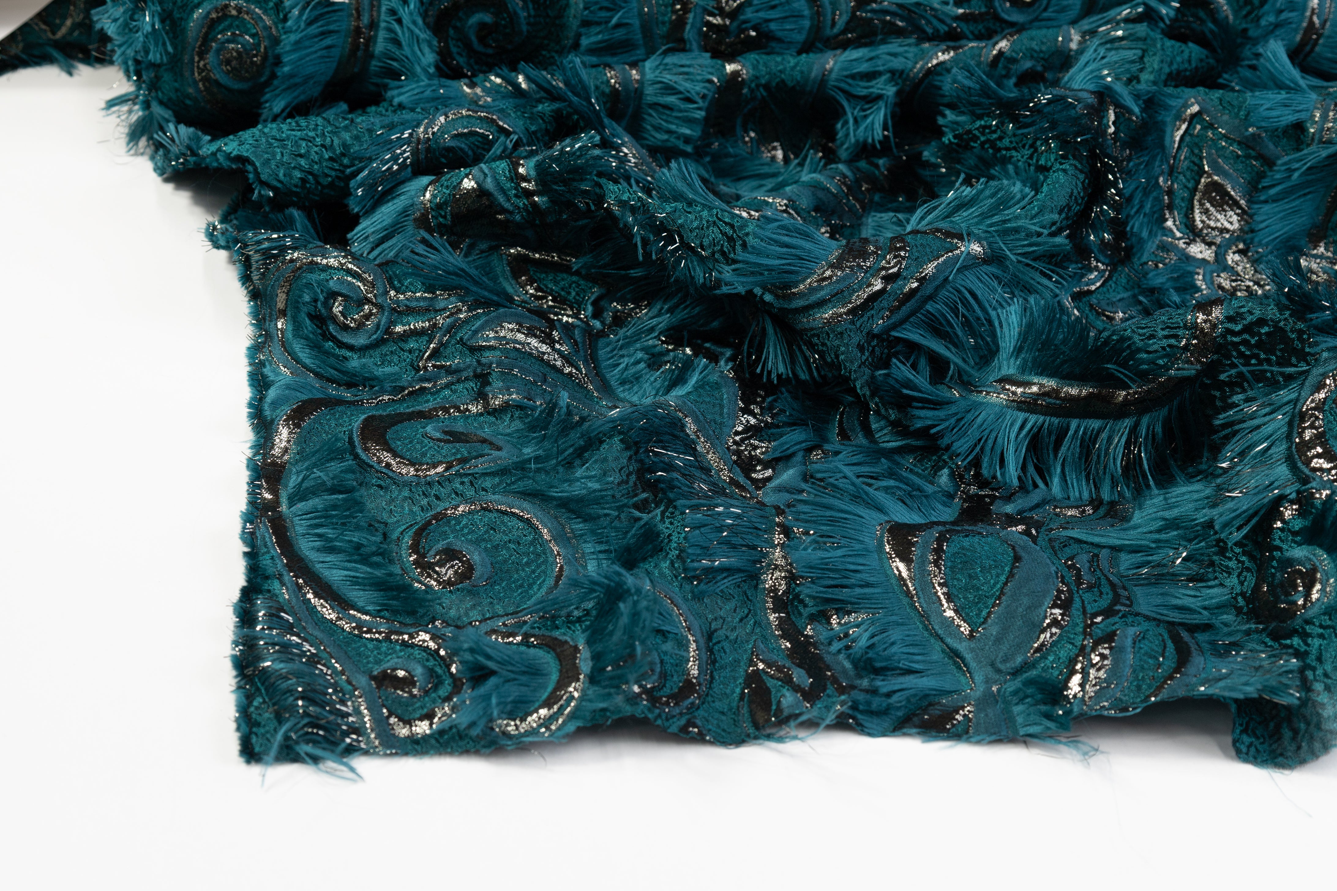 Fringed Italian Metallic Brocade - Teal Blue