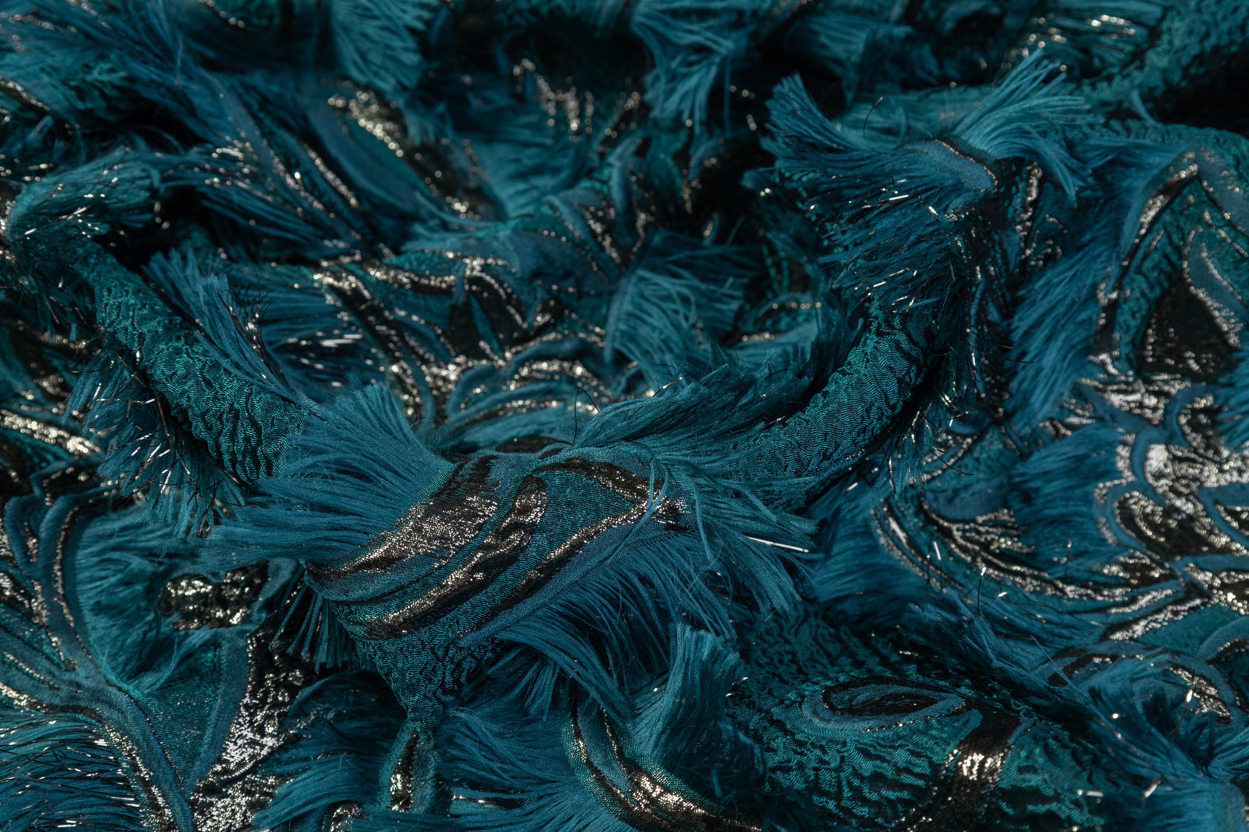 Fringed Italian Metallic Brocade - Teal Blue