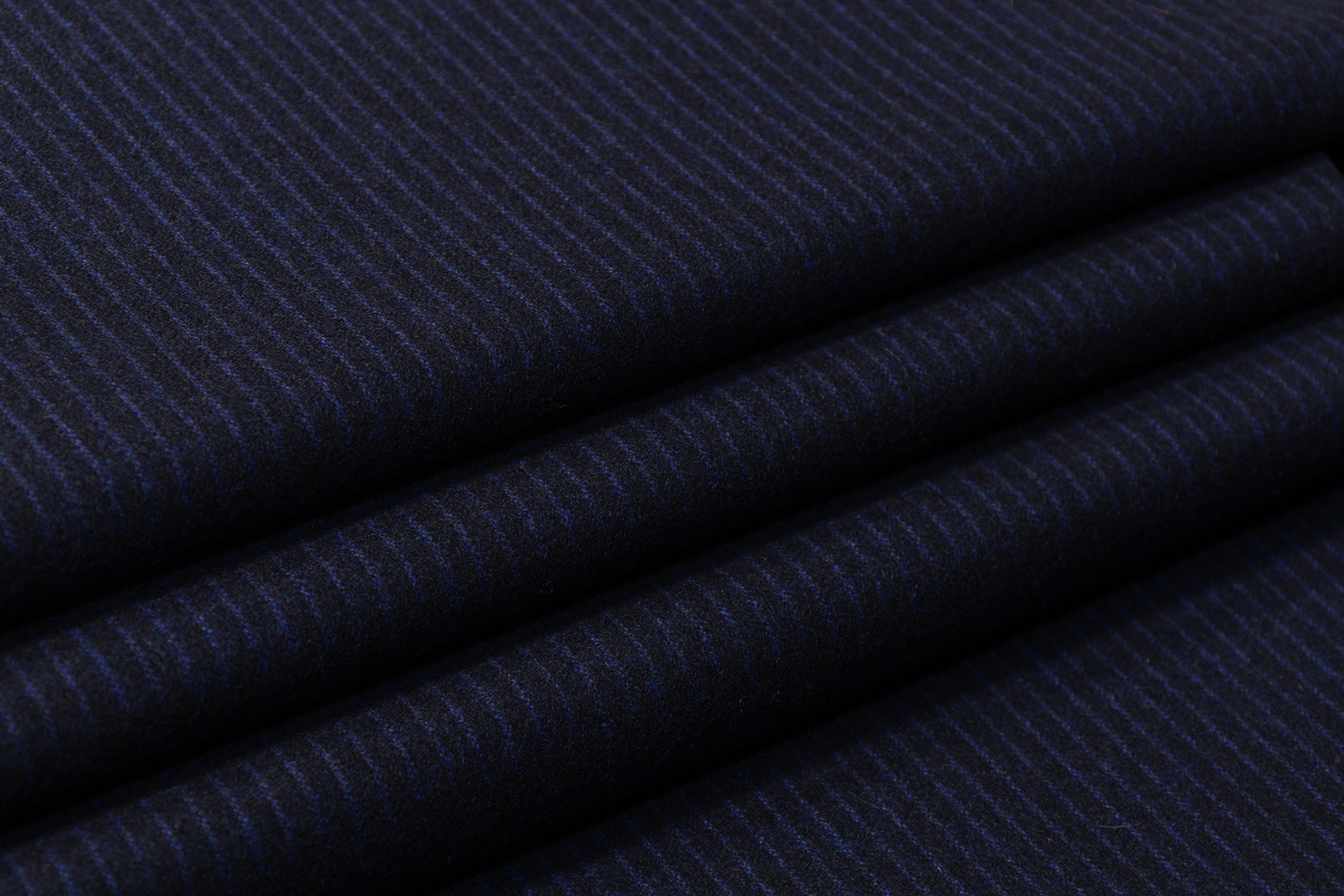 Striped Italian Wool Flannel Suiting - Navy Blue