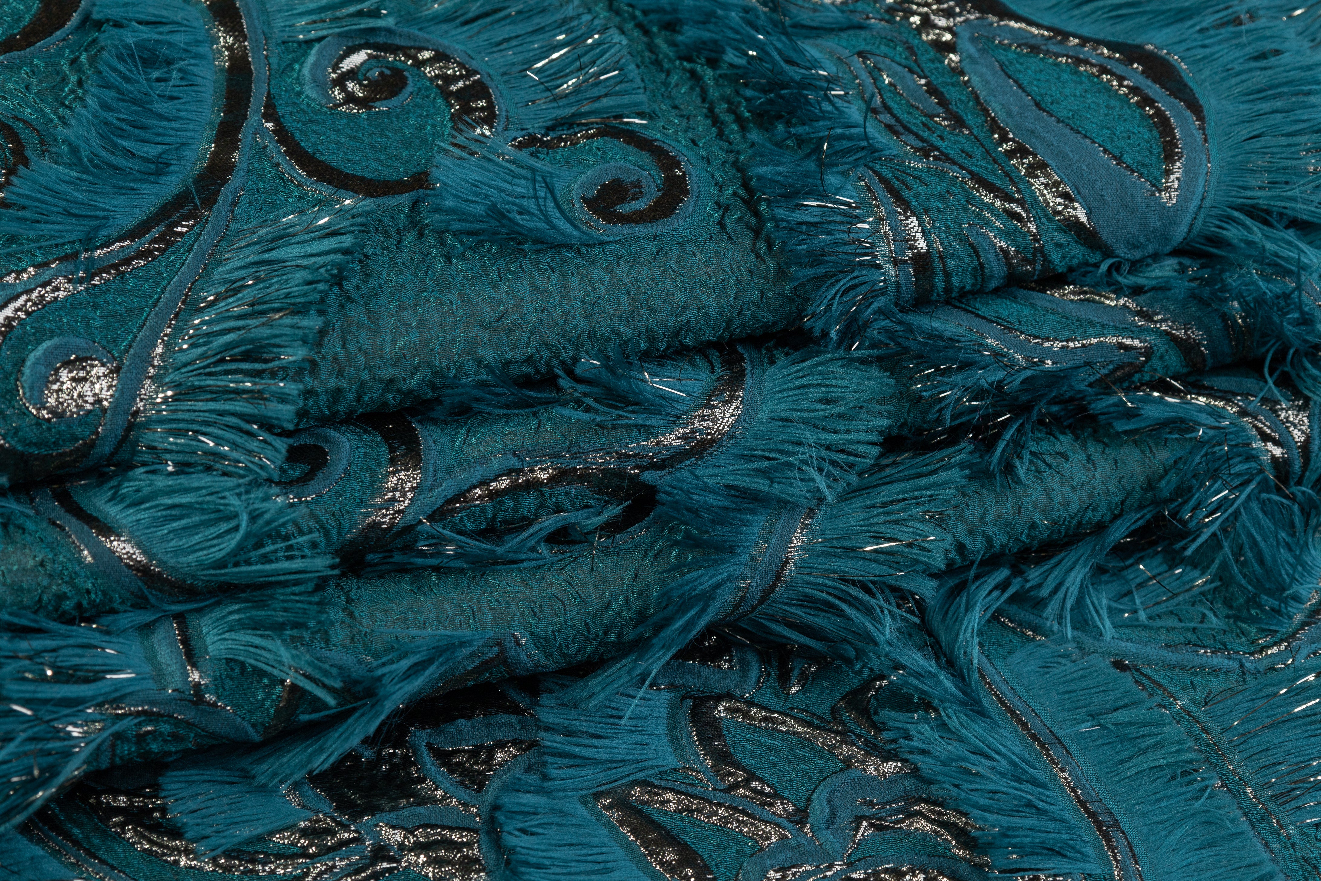 Fringed Italian Metallic Brocade - Teal Blue