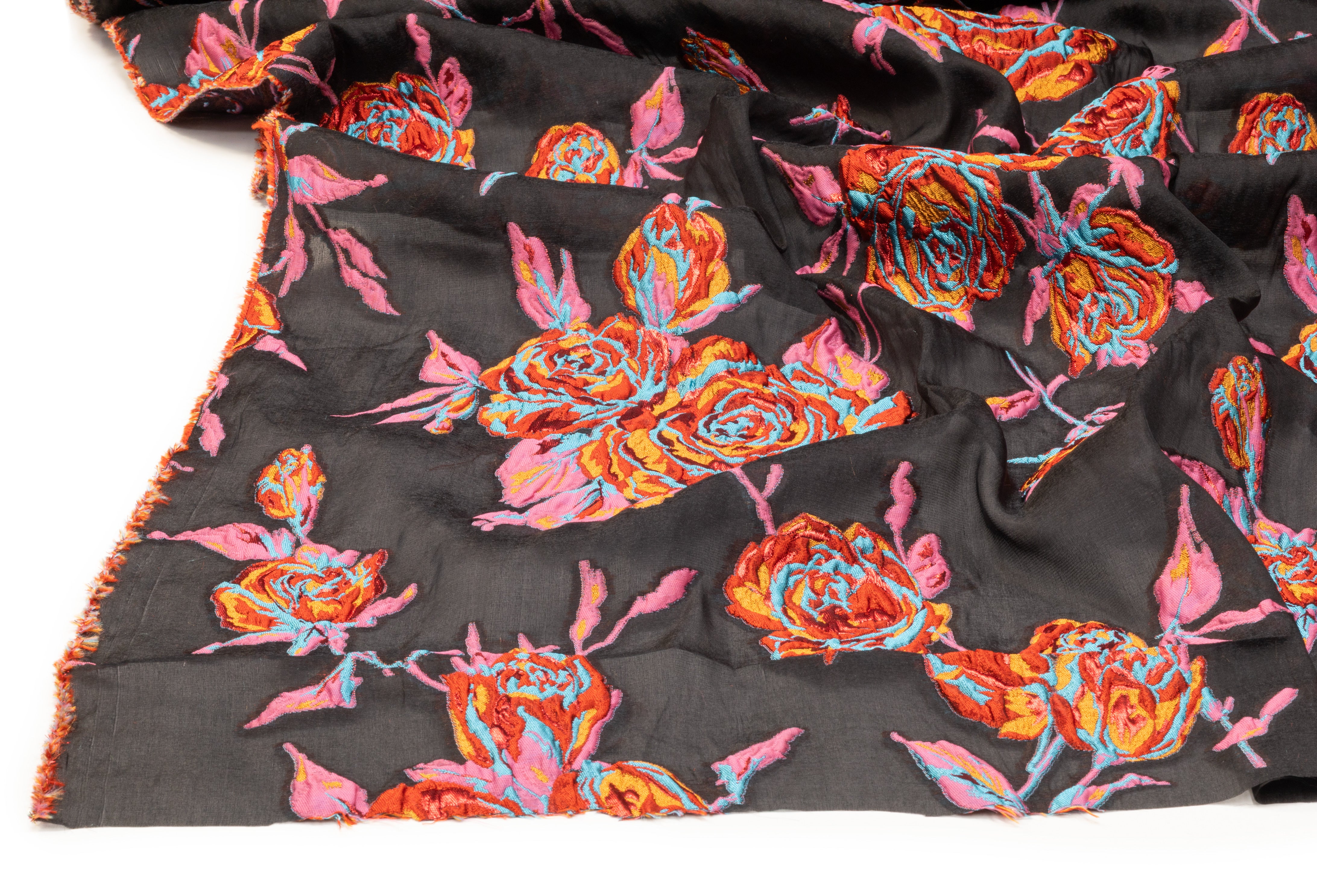 Floral Italian Silk Blend Organza Fil Coupé - Red / Turquoise / Copper / Pink