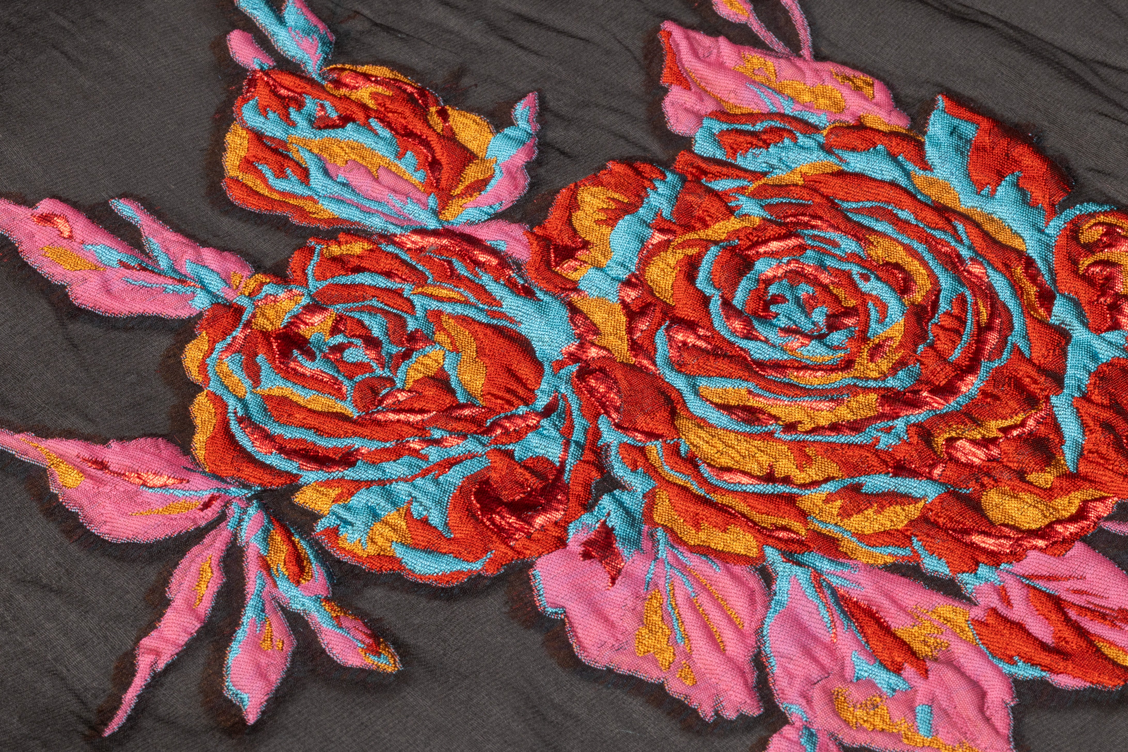 Floral Italian Silk Blend Organza Fil Coupé - Red / Turquoise / Copper / Pink