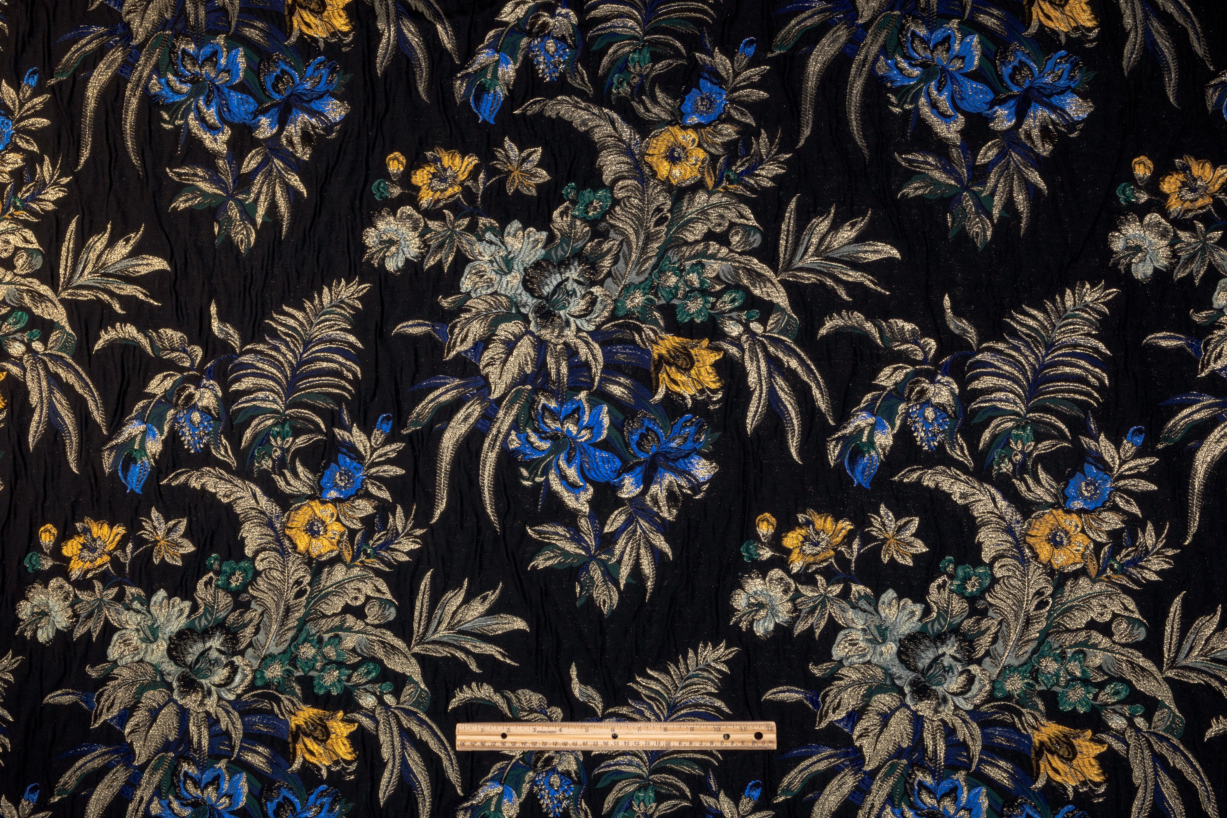 Floral Metallic Italian Brocade - Black / Blue / Gold