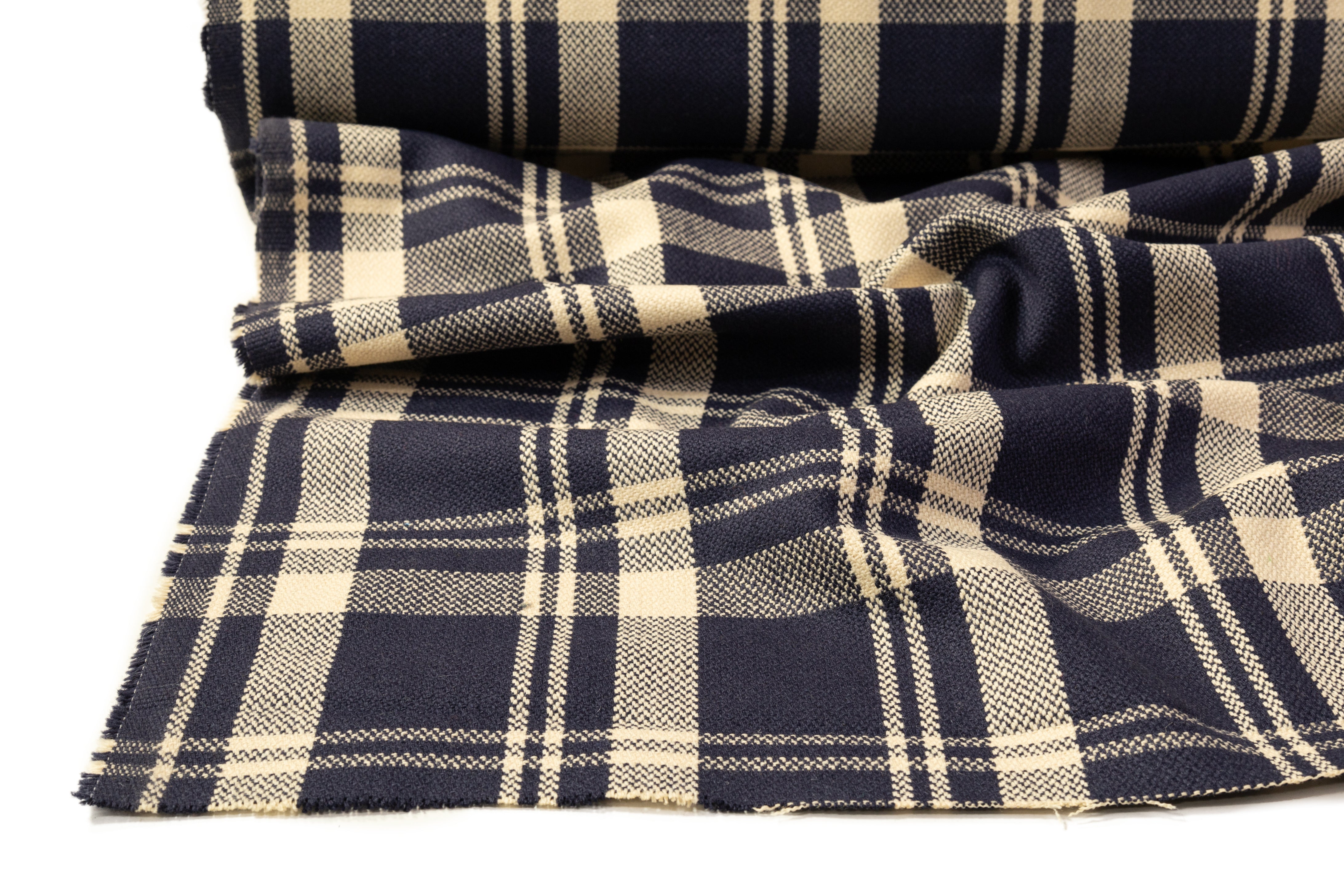 Plaid Italian Wool Coating - Navy / Cream
