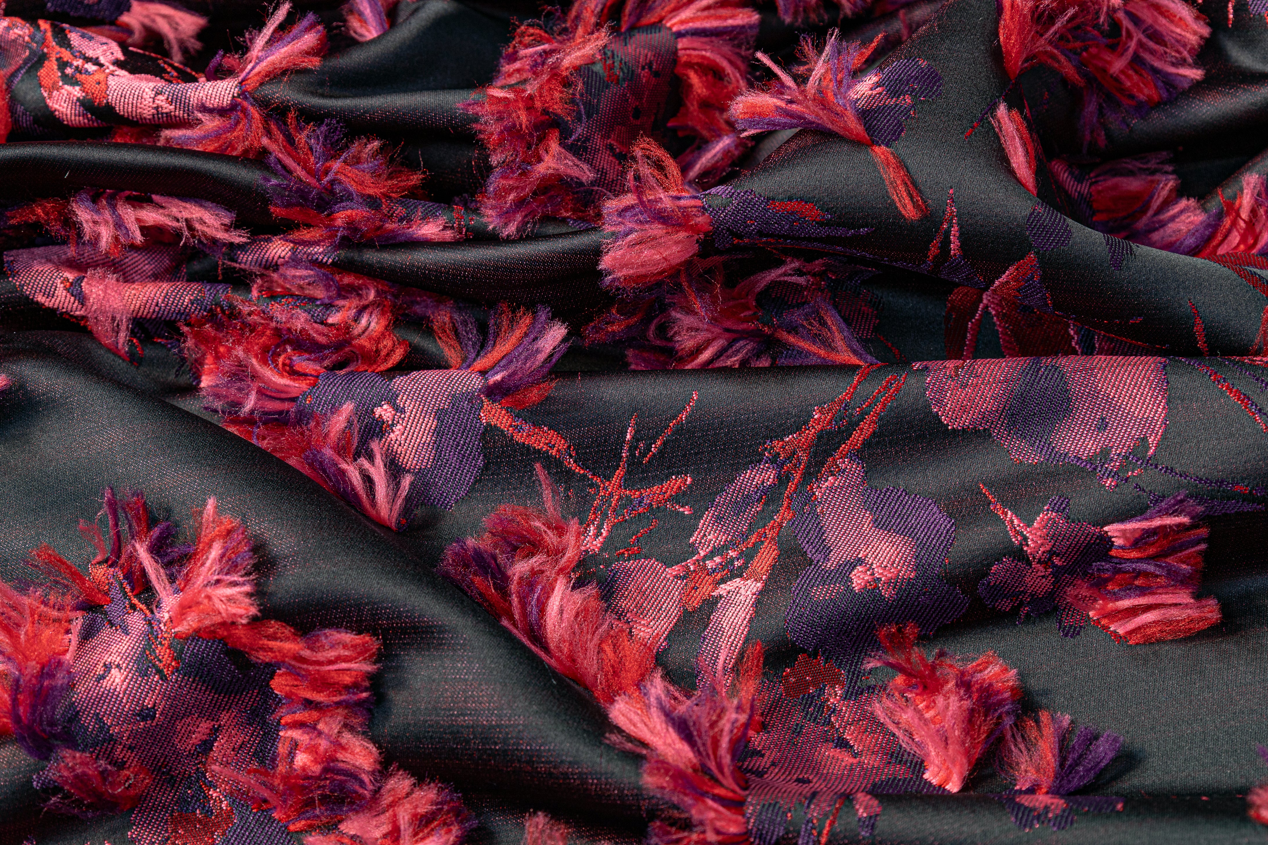 Floral Fringed Italian Satin Brocade - Black / Pink / Red / Purple