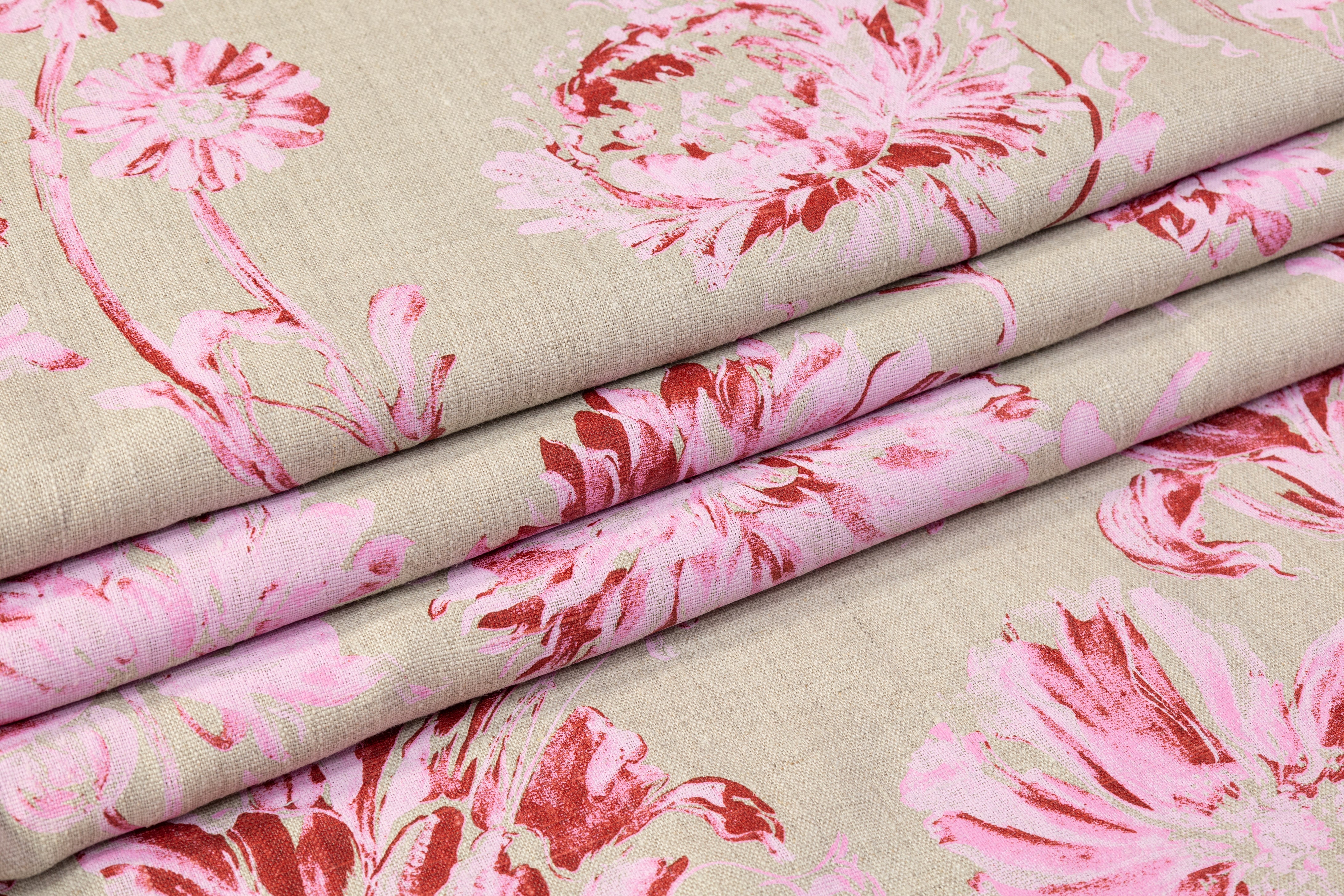 Floral Italian Linen - Taupe / Pink