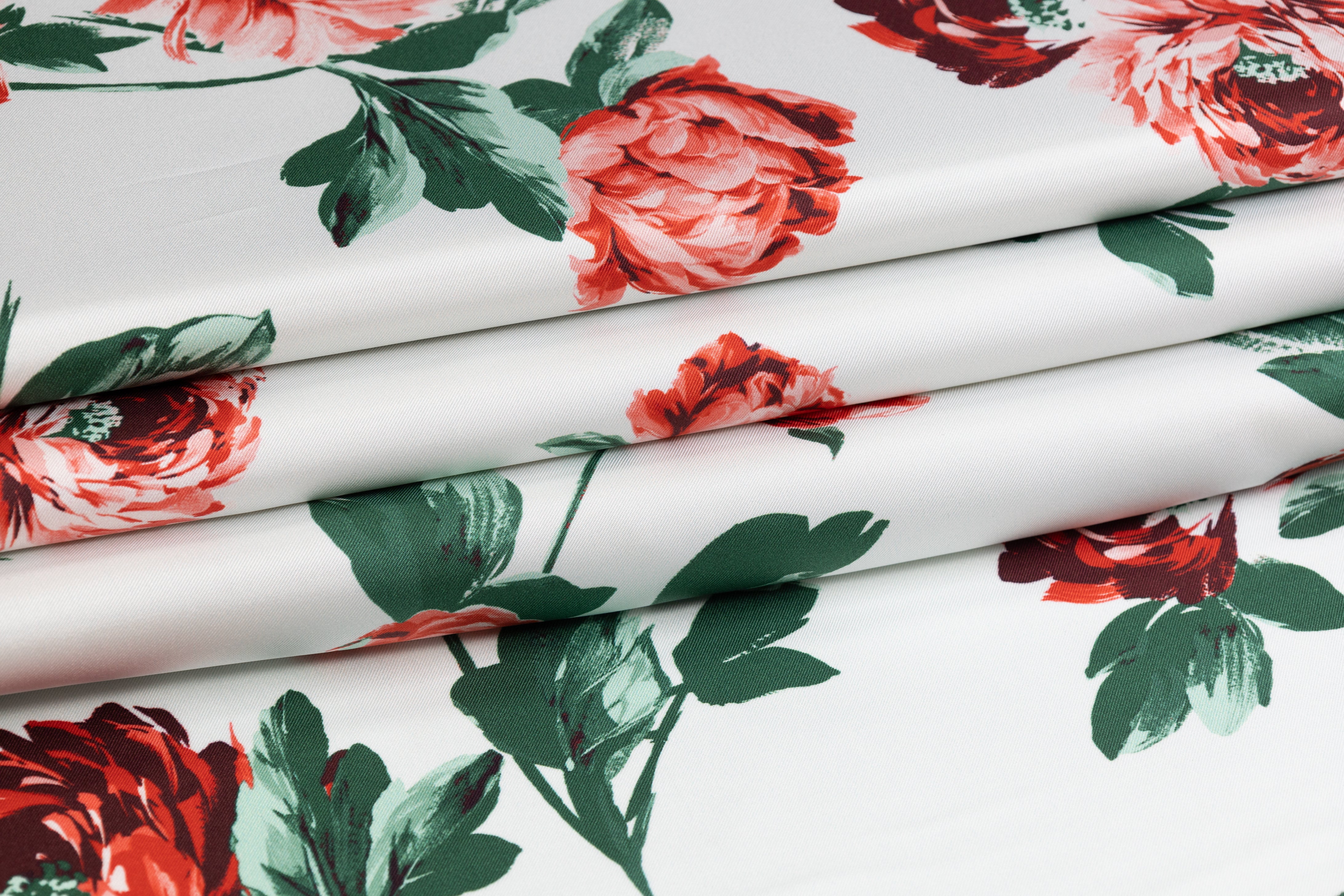 Emanuel Ungaro - Floral Italian Silk Twill - White / Red / Green