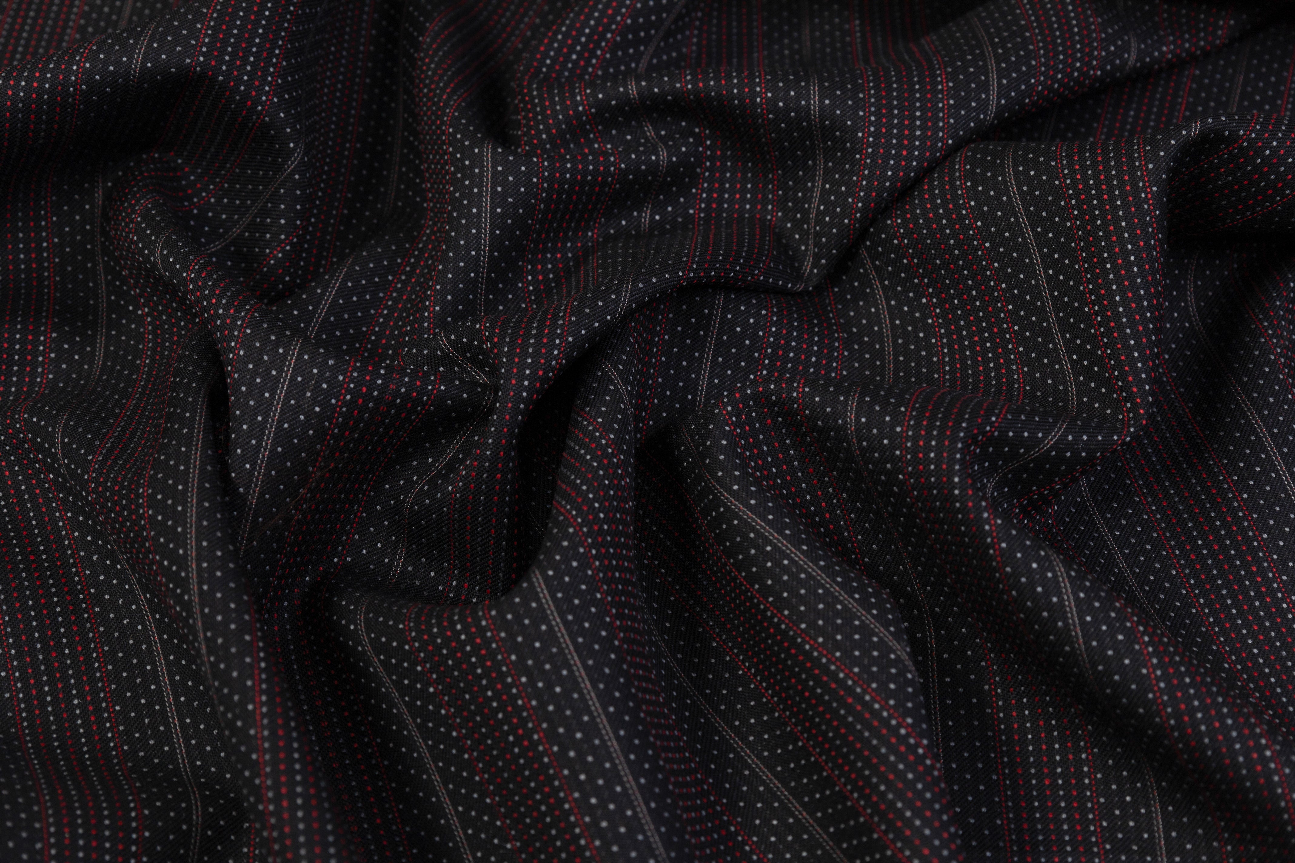 Embroidered Italian Wool Suiting - Black / Red