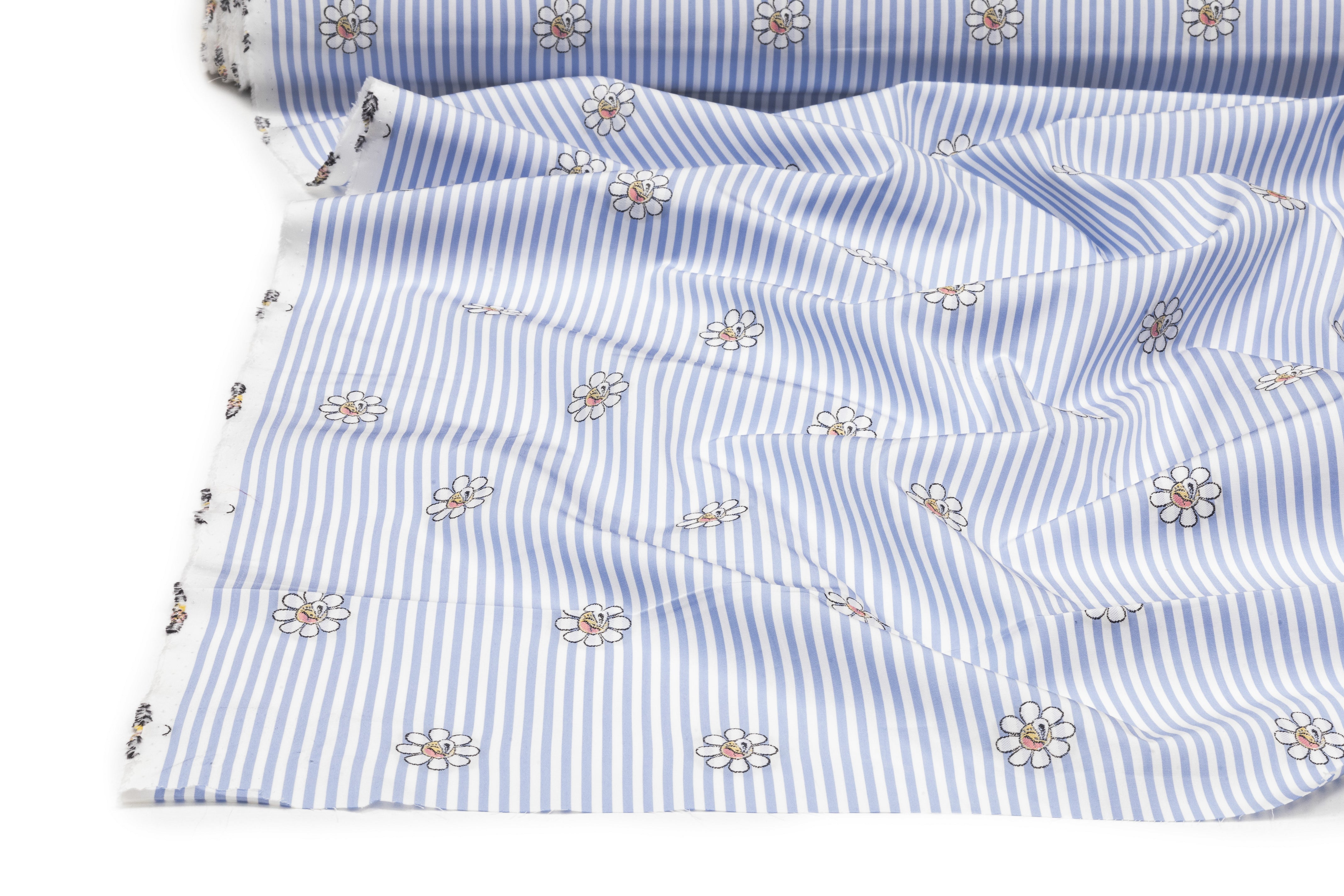 Embroidered Italian Cotton Shirting - Carolina Blue / White