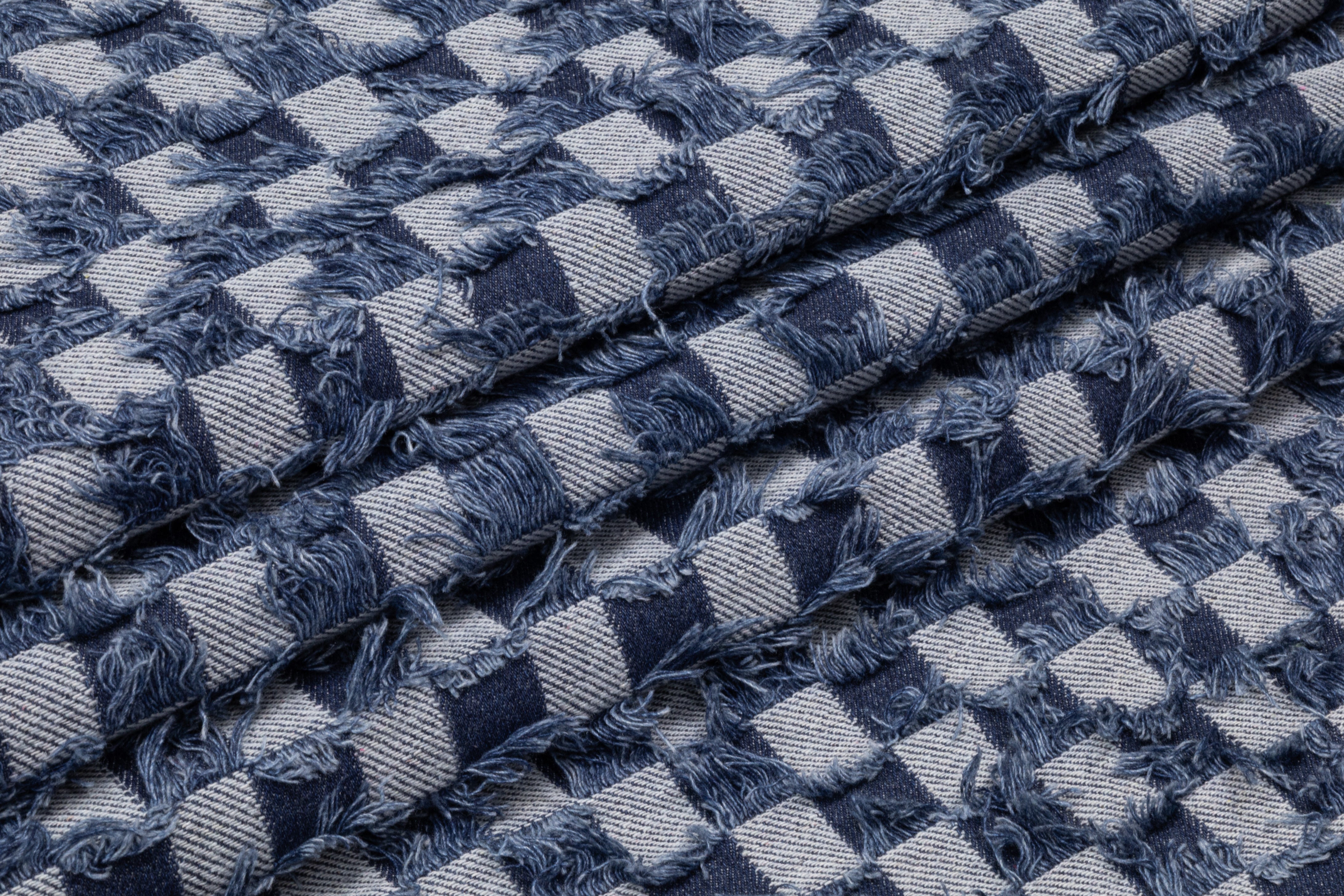 Fringed Checked Italian Denim - Blue