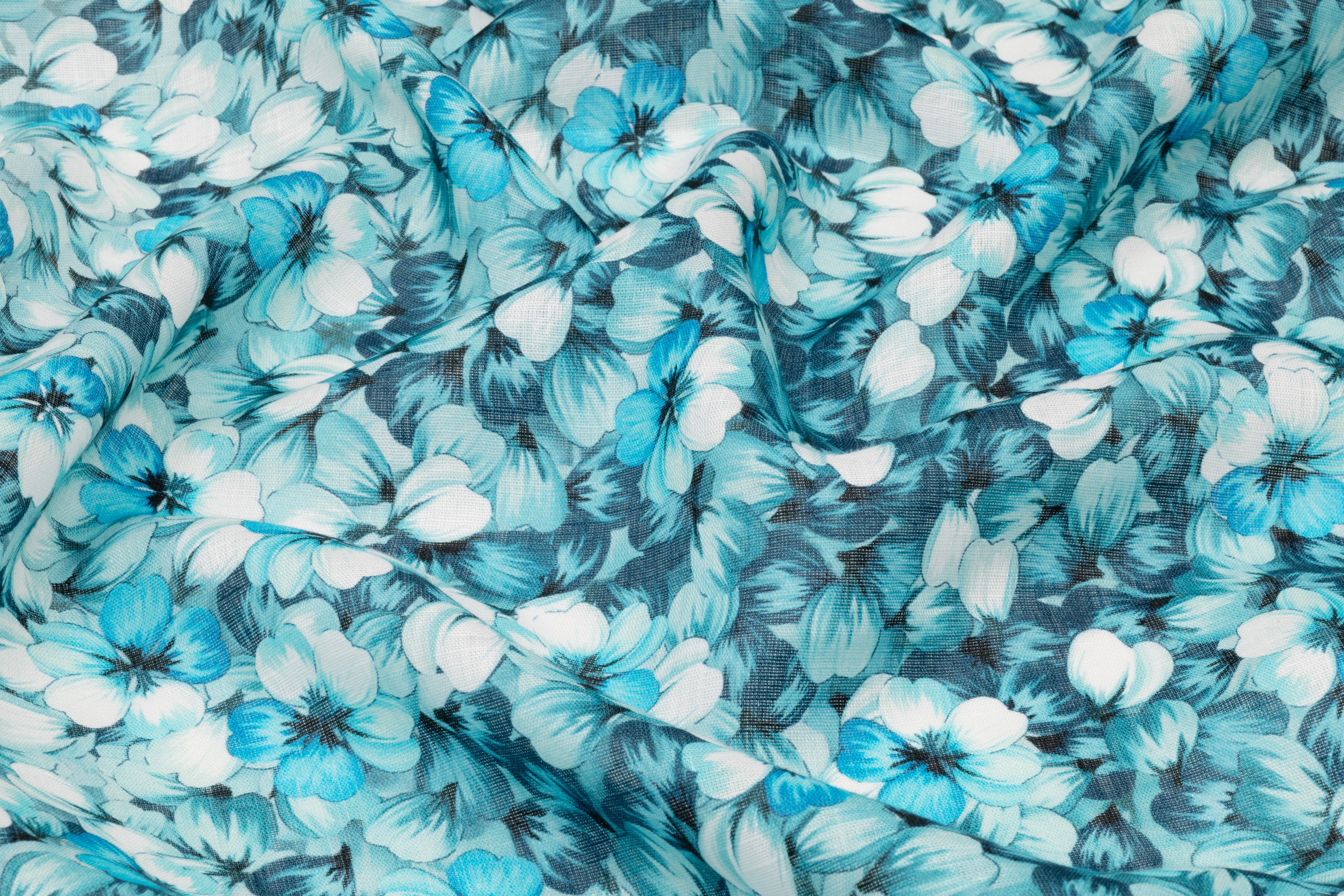 Floral Italian Linen - Aqua Blue