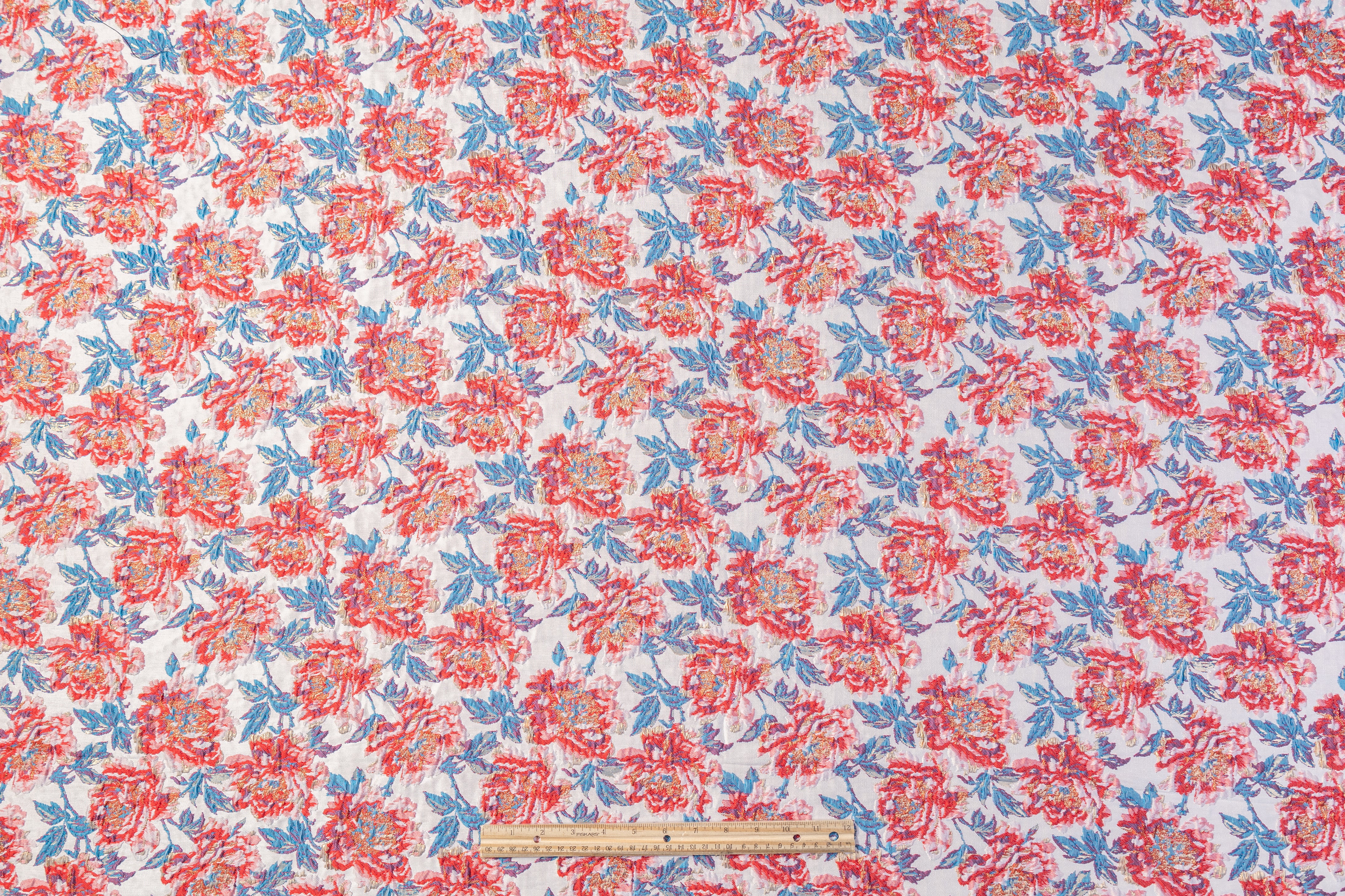 Floral Crushed Metallic Brocade - Red / Blue