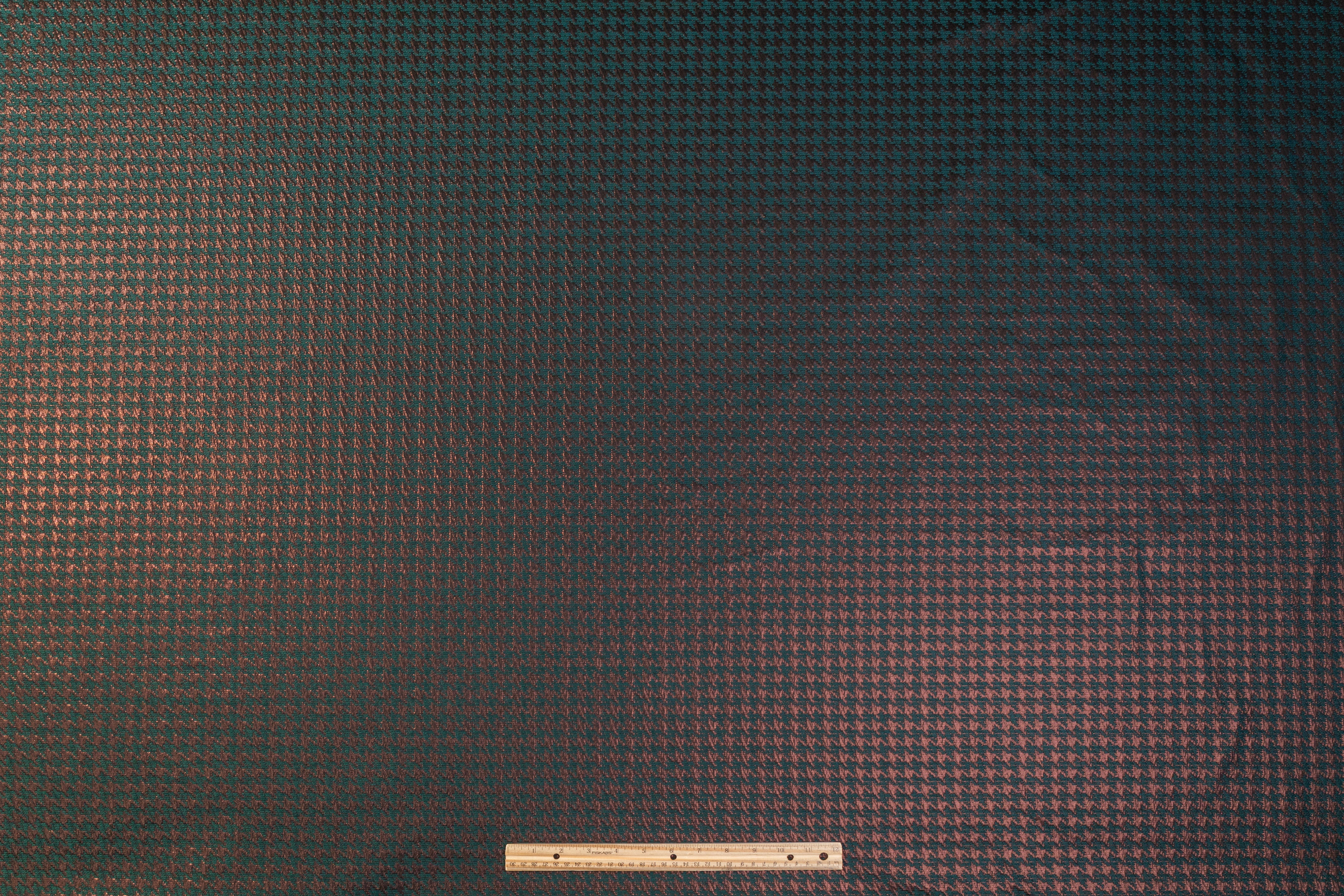 Houndstooth Metallic Italian Chenille Brocade - Teal / Bronze