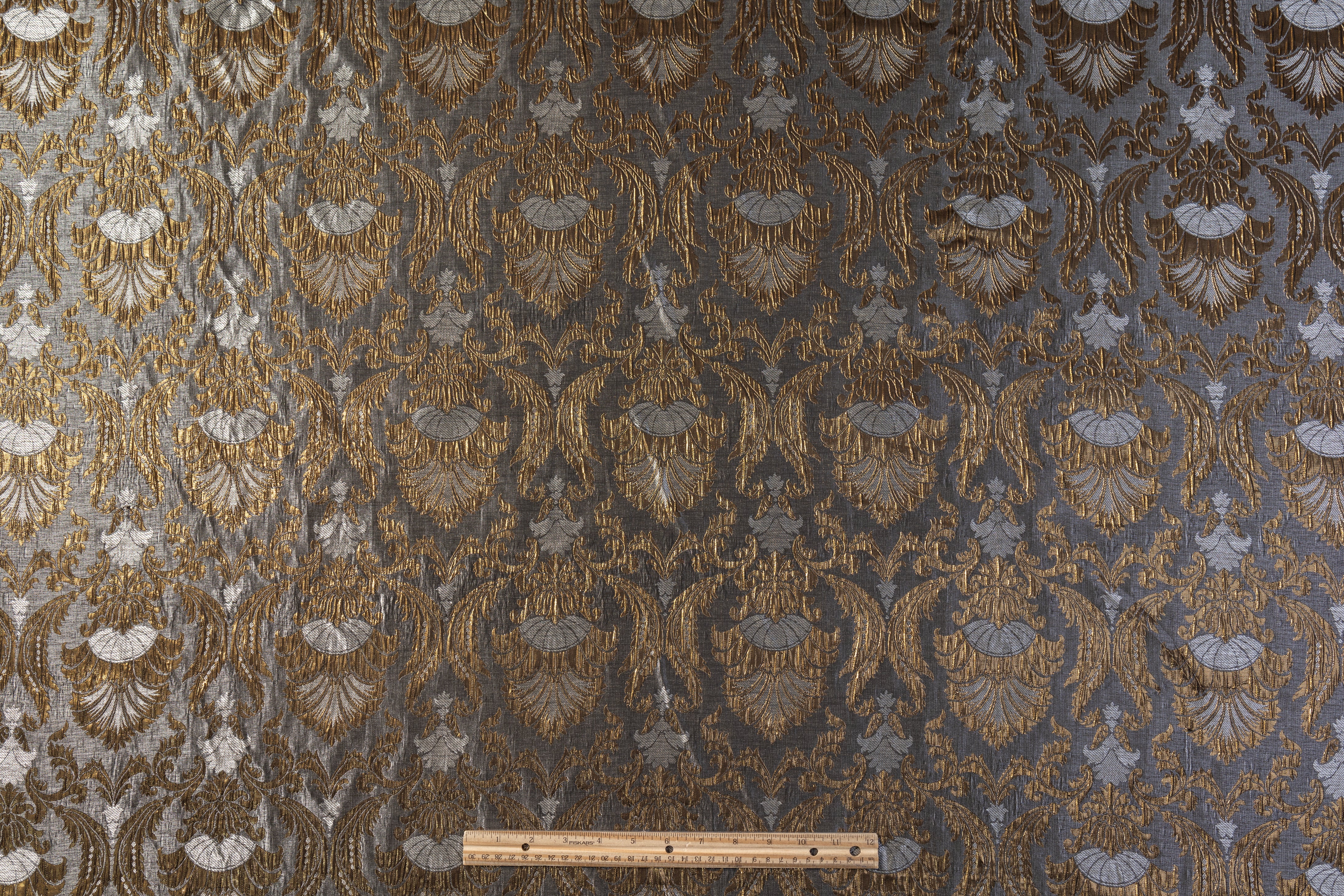 Crushed Metallic Damask Brocade - Antique Brass / Gray