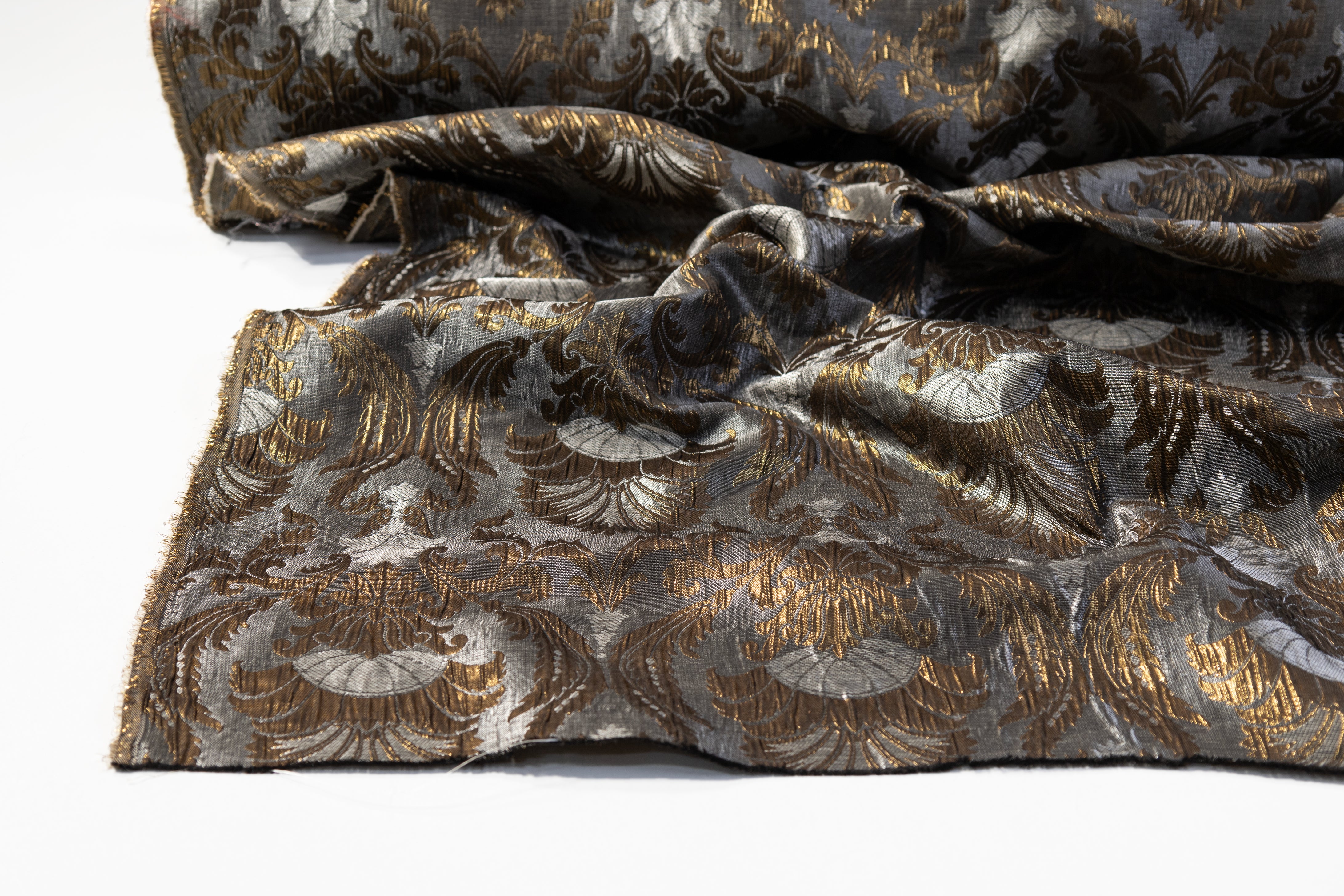 Crushed Metallic Damask Brocade - Antique Brass / Gray