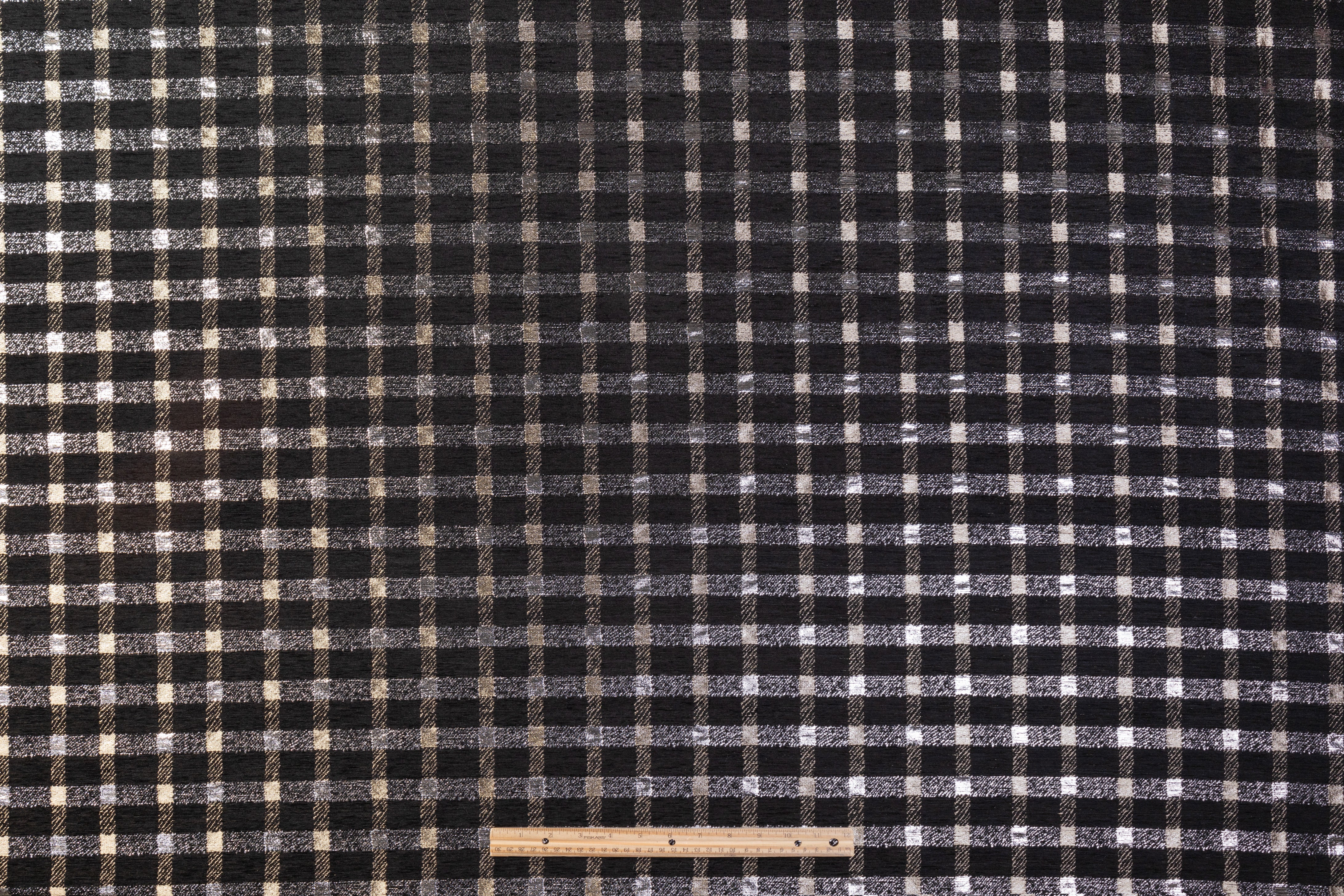 Checked Metallic Italian Chenille Brocade - Black / Silver / Champagne