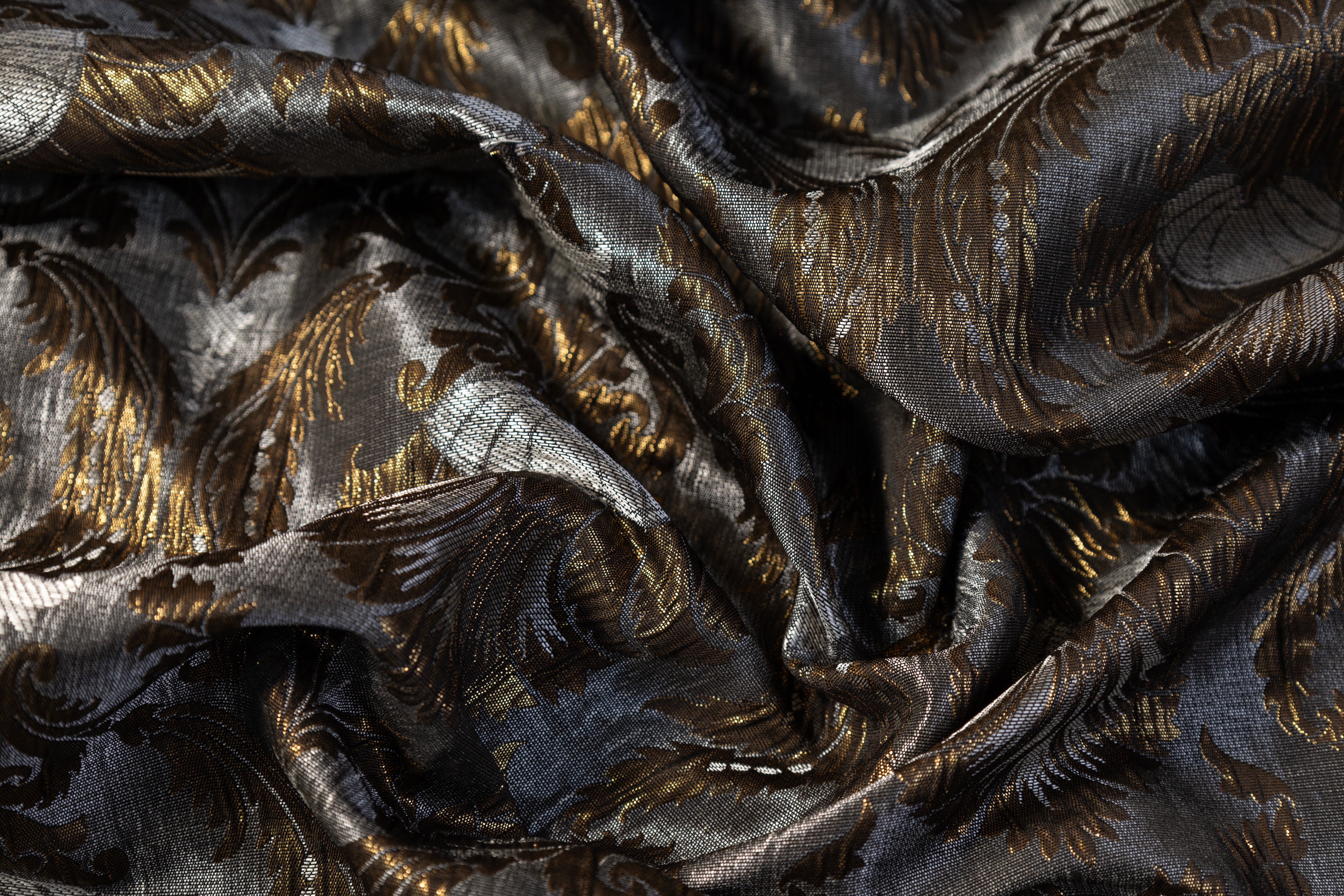 Crushed Metallic Damask Brocade - Antique Brass / Gray