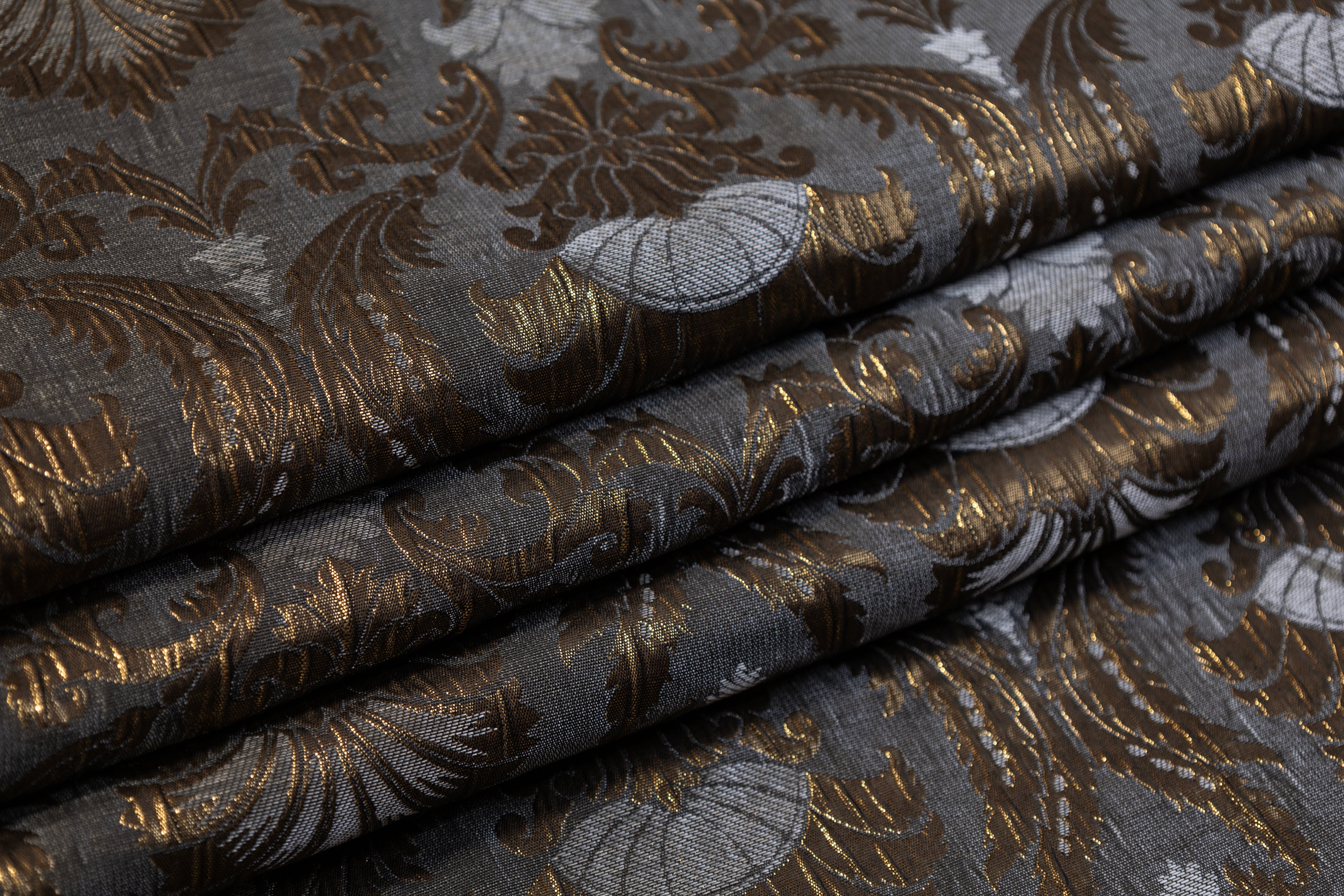 Crushed Metallic Damask Brocade - Antique Brass / Gray