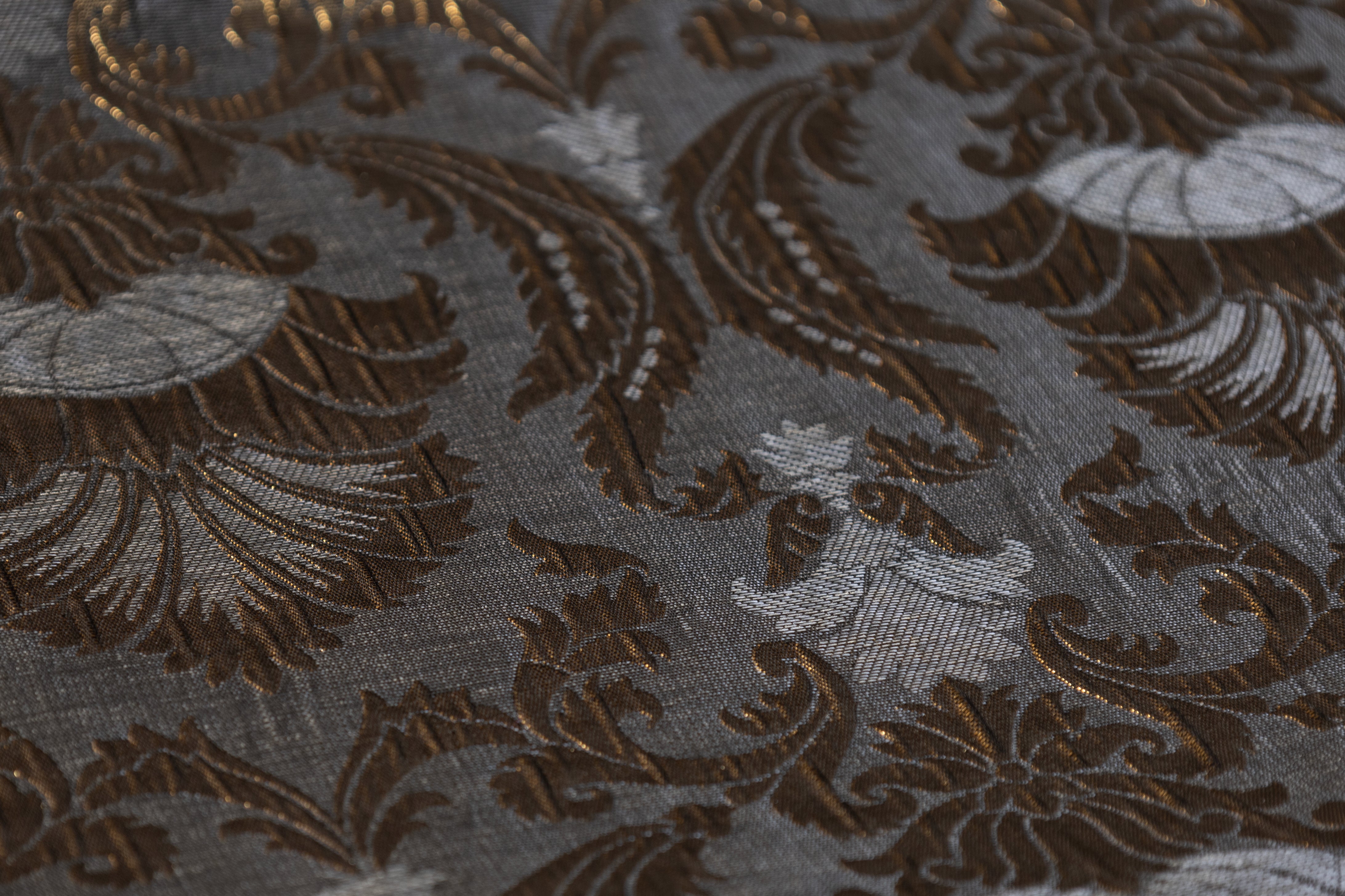 Crushed Metallic Damask Brocade - Antique Brass / Gray