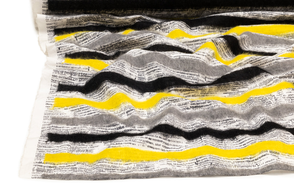 Wool Fringed Cotton Newspaper Print - Black / Yellow / Gray / White