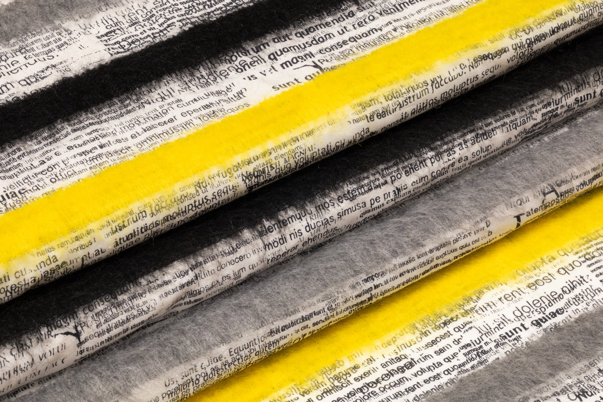 Wool Fringed Cotton Newspaper Print - Black / Yellow / Gray / White