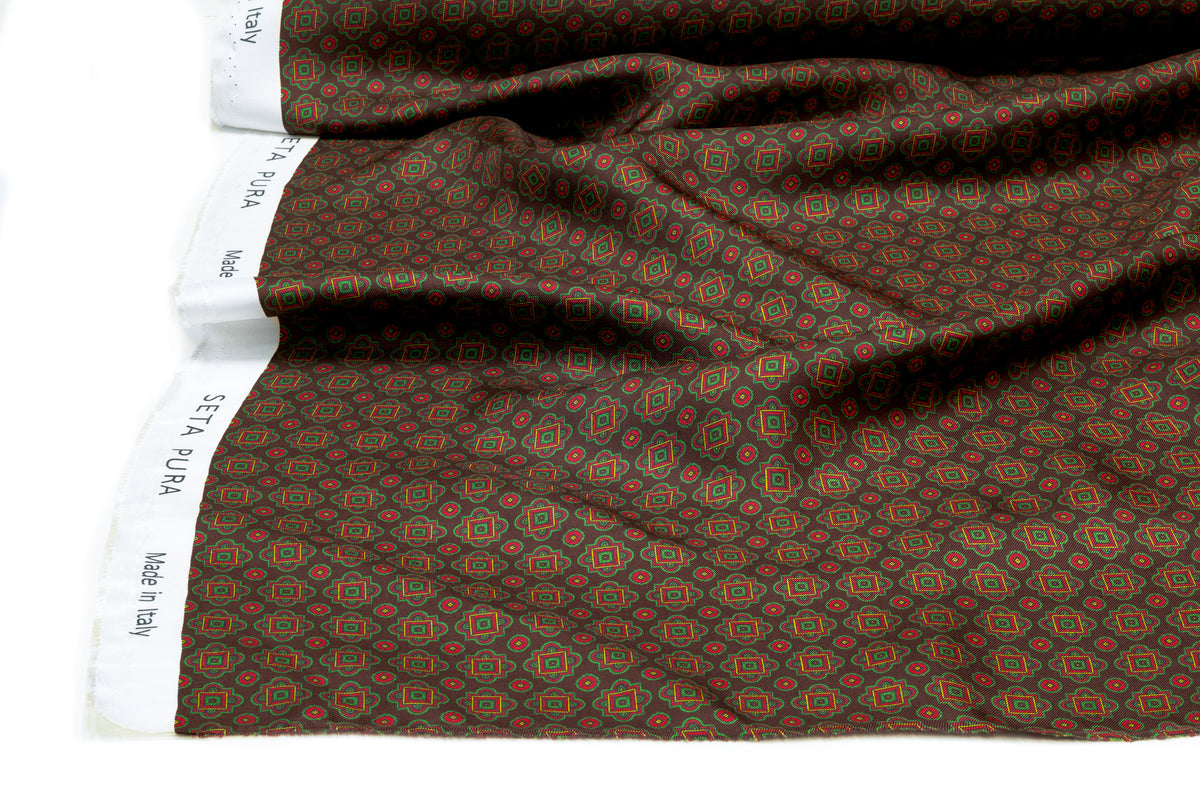 Foulard Medallion Italian Silk Twill - Brown / Green / Red