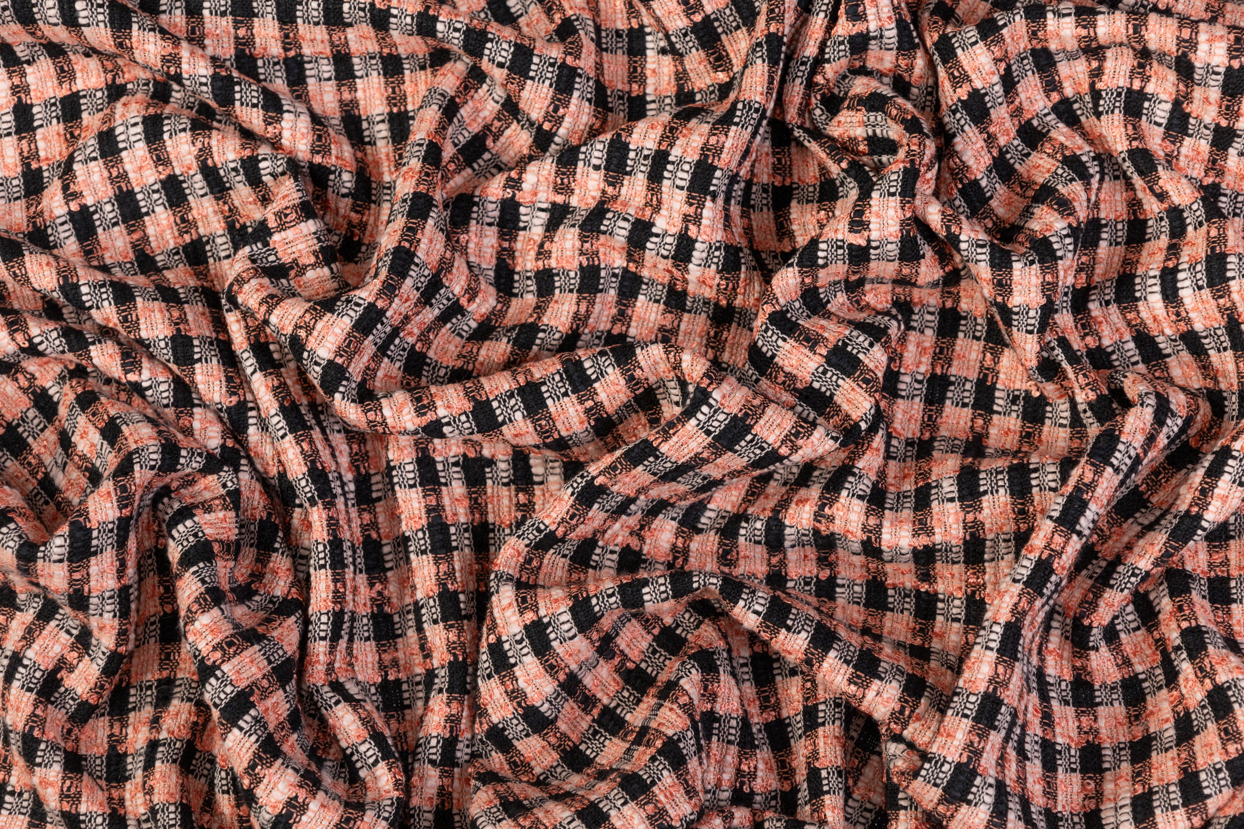 Checked Wool Blend Tweed Boucle - Peach / Black