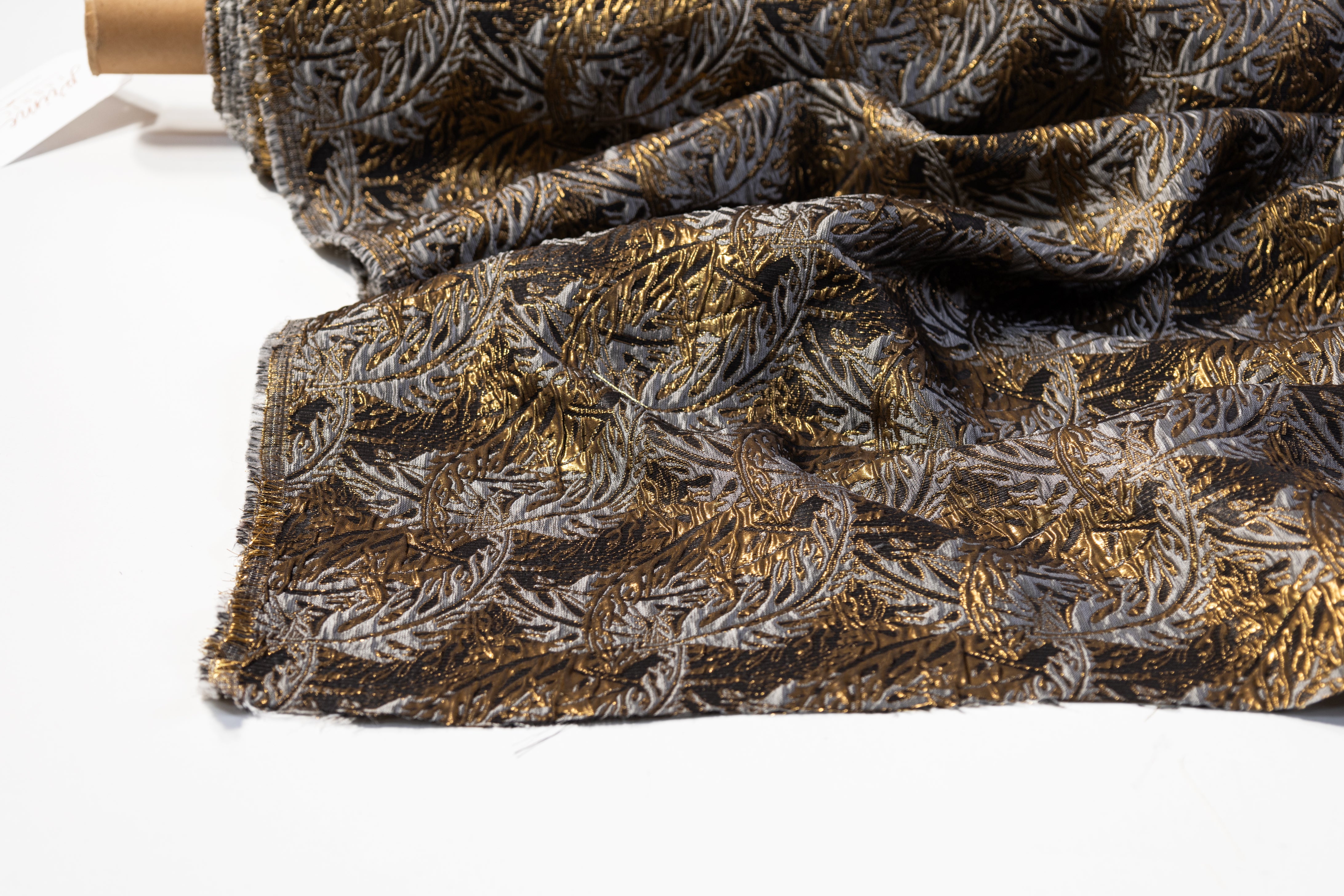 Floral Crushed Metallic Brocade - Antique Brass / Gray