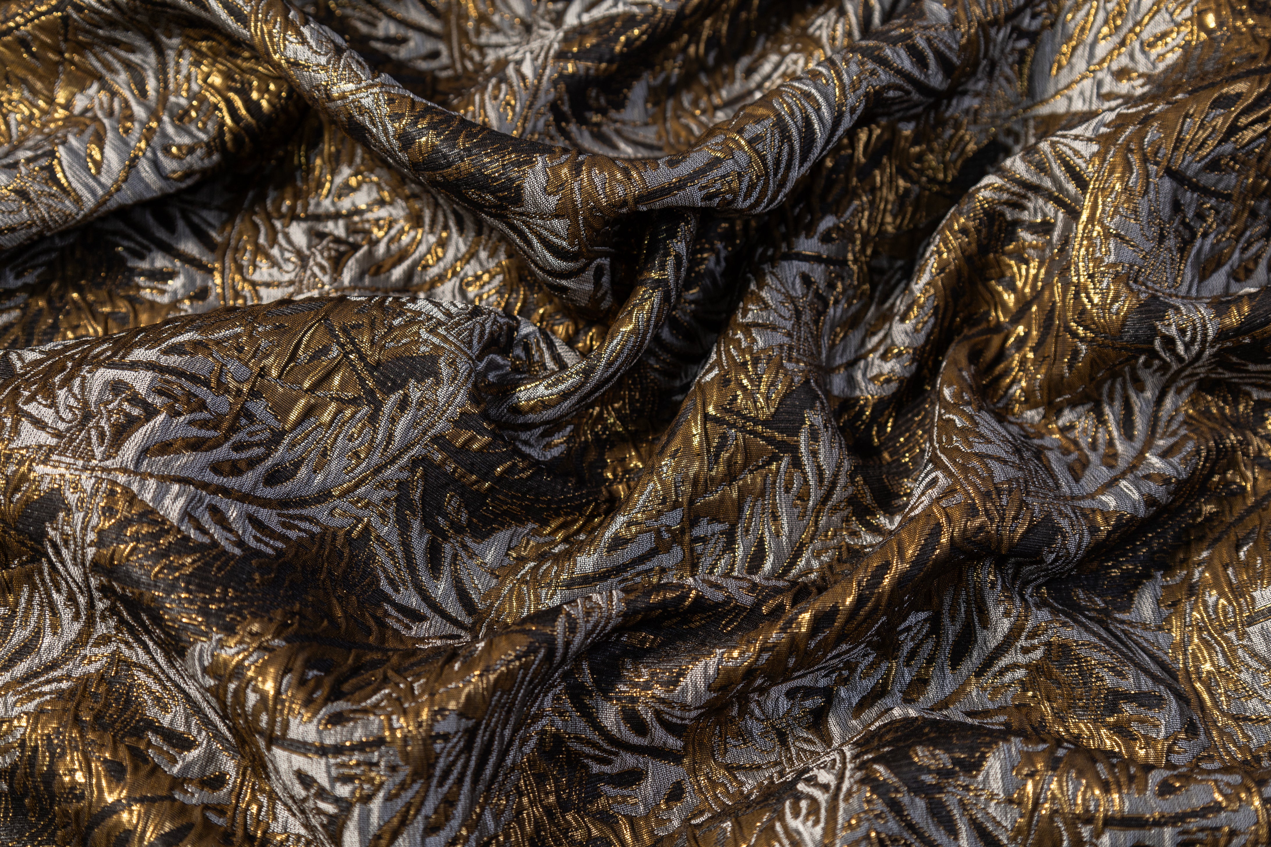 Floral Crushed Metallic Brocade - Antique Brass / Gray