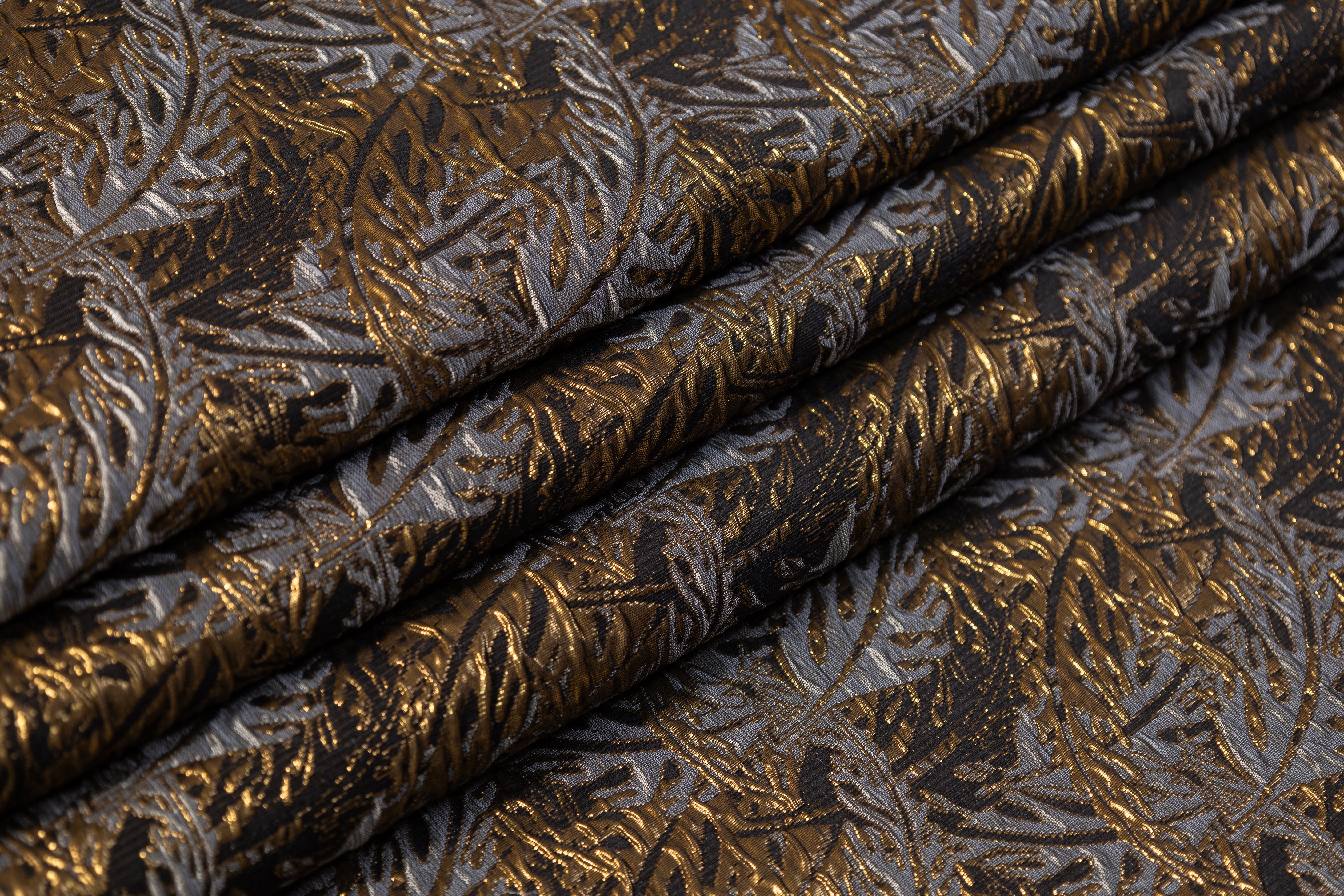 Floral Crushed Metallic Brocade - Antique Brass / Gray