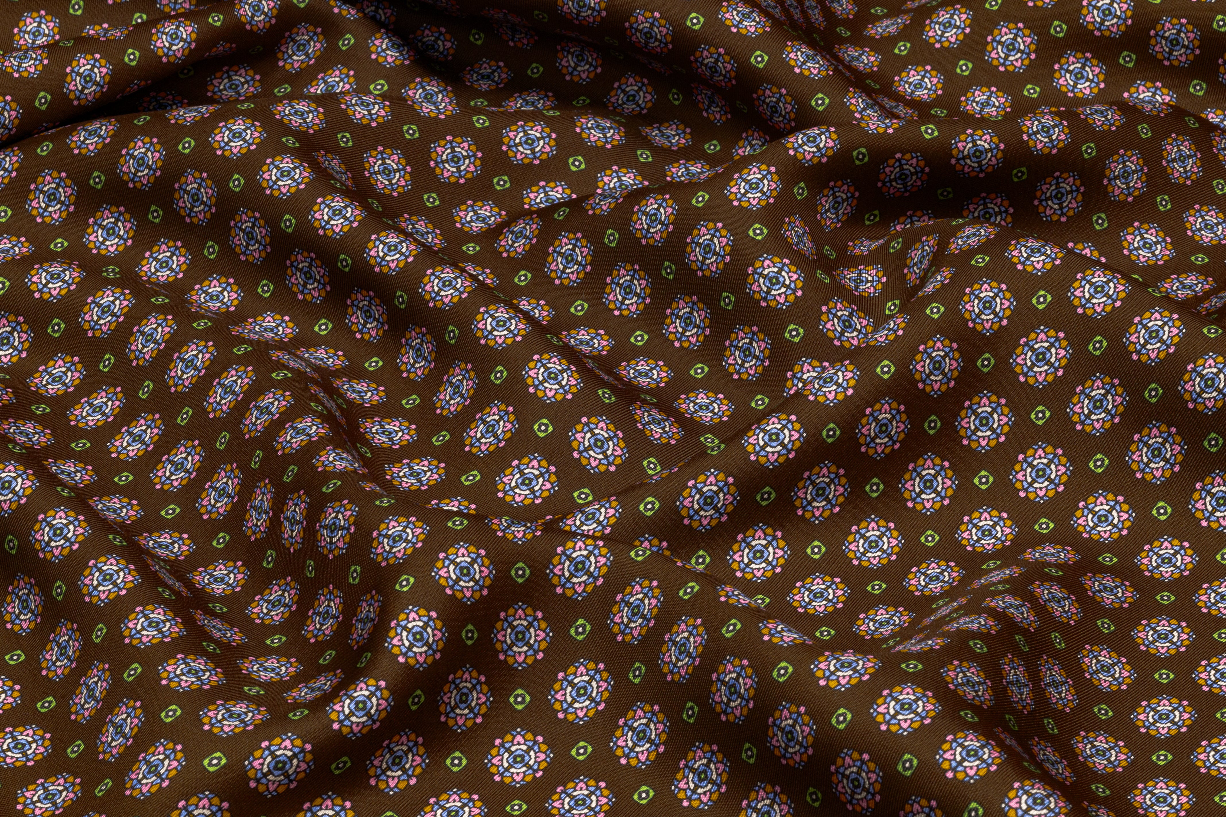 Foulard Medallion Italian Silk Twill - Brown / Green / Orange