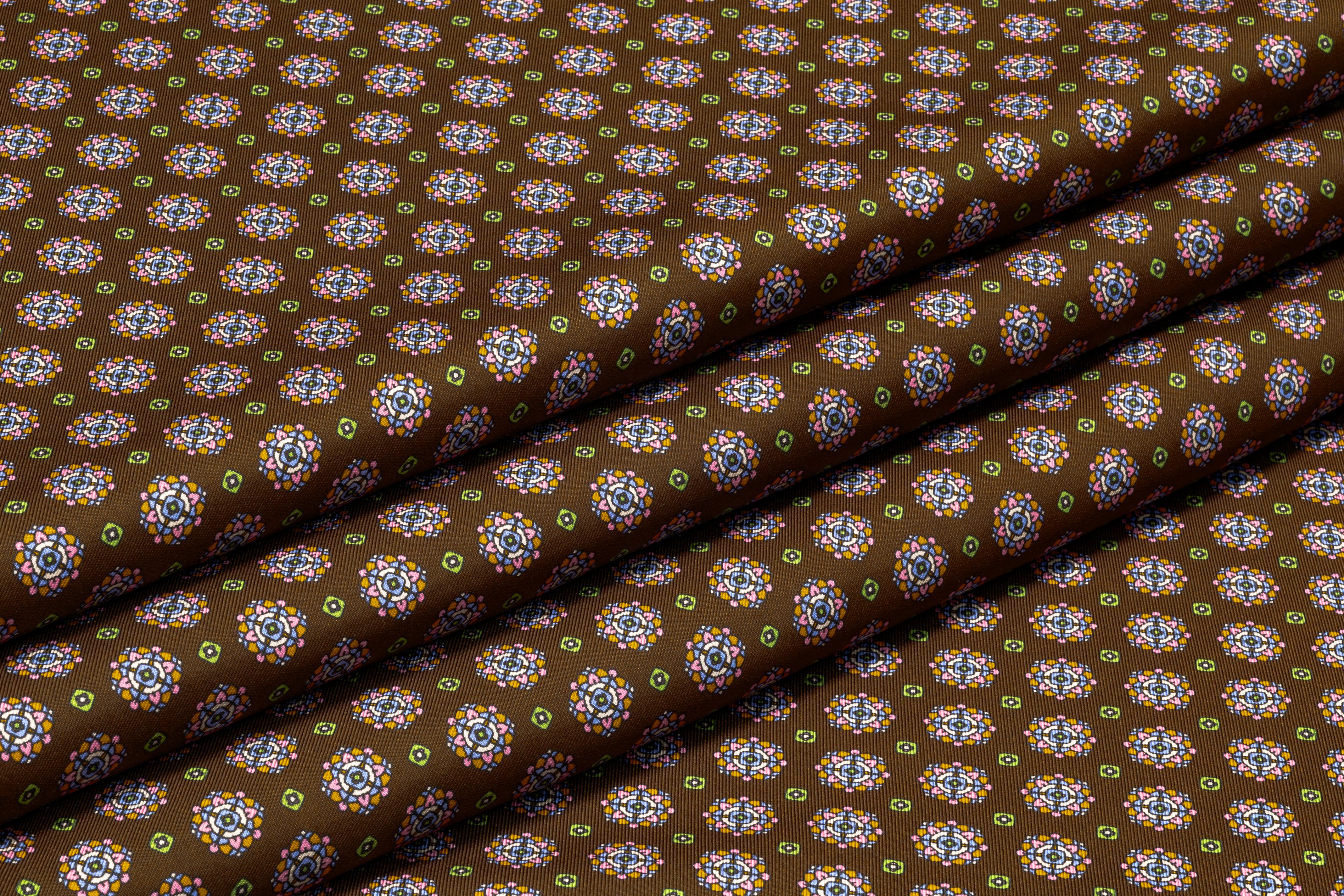 Foulard Medallion Italian Silk Twill - Brown / Green / Orange
