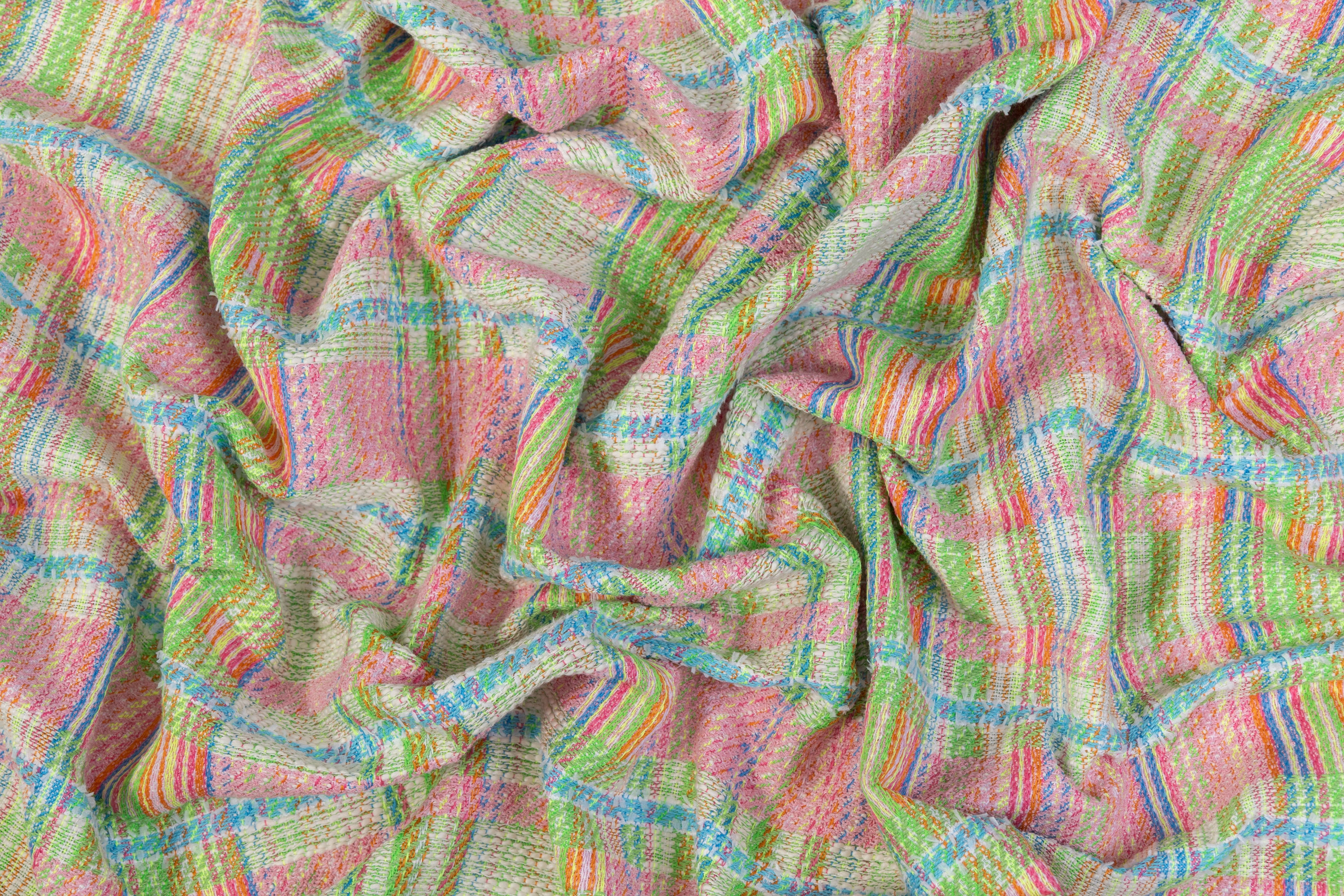 Checked Italian Cotton Blend Tweed - Pink / Green