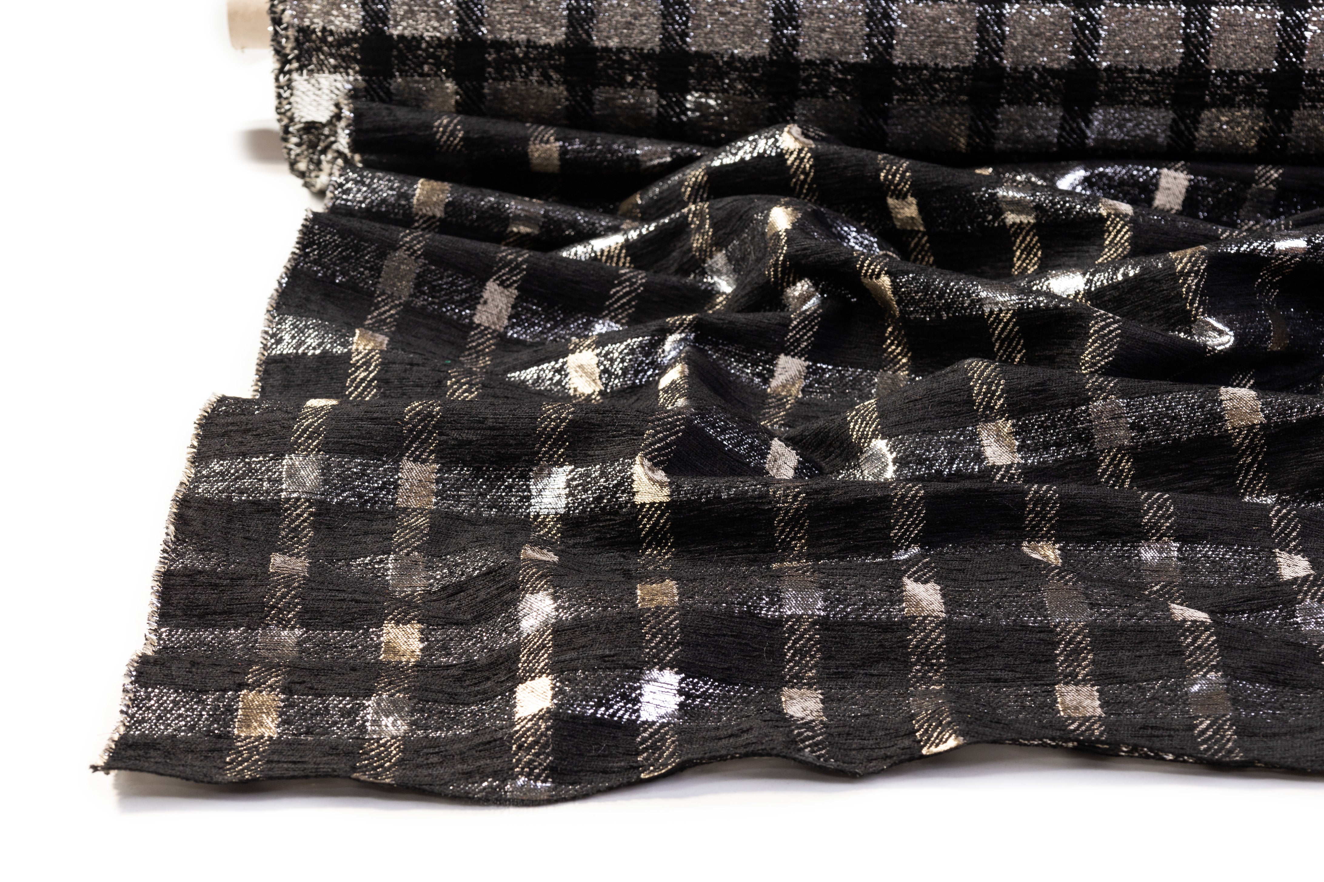 Checked Metallic Italian Chenille Brocade - Black / Silver / Champagne