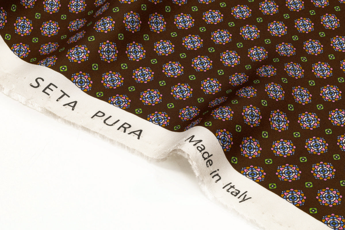 Foulard Medallion Italian Silk Twill - Brown / Green / Orange