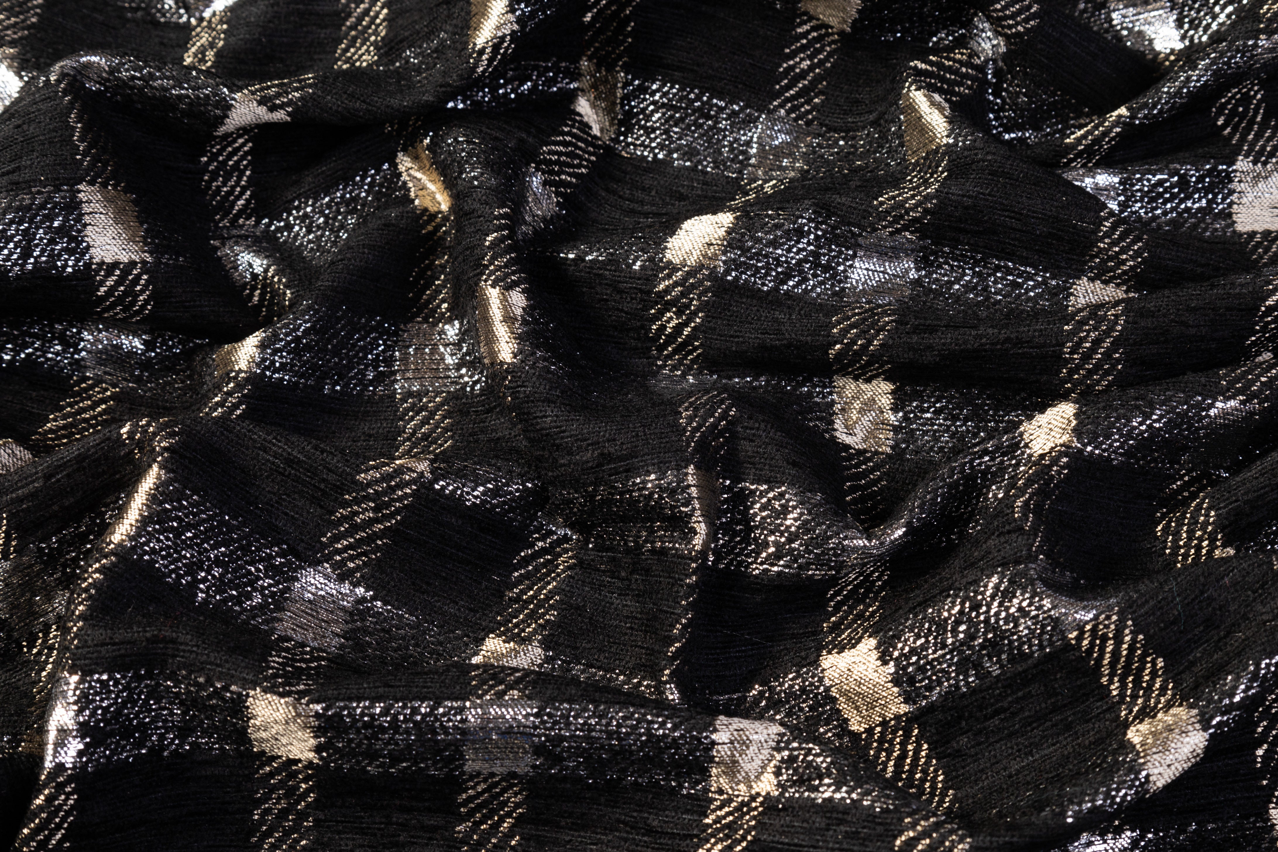Checked Metallic Italian Chenille Brocade - Black / Silver / Champagne